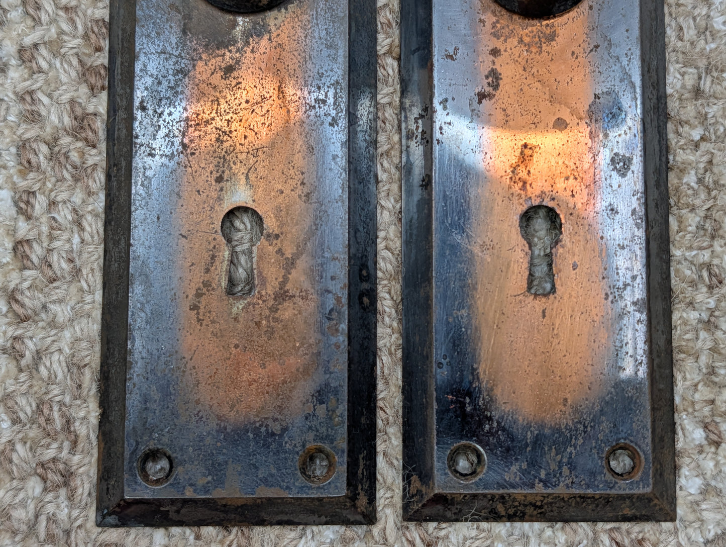 Pair 2 1/4" x 7" Antique Japanned Stamped Steel Door Knob Plates