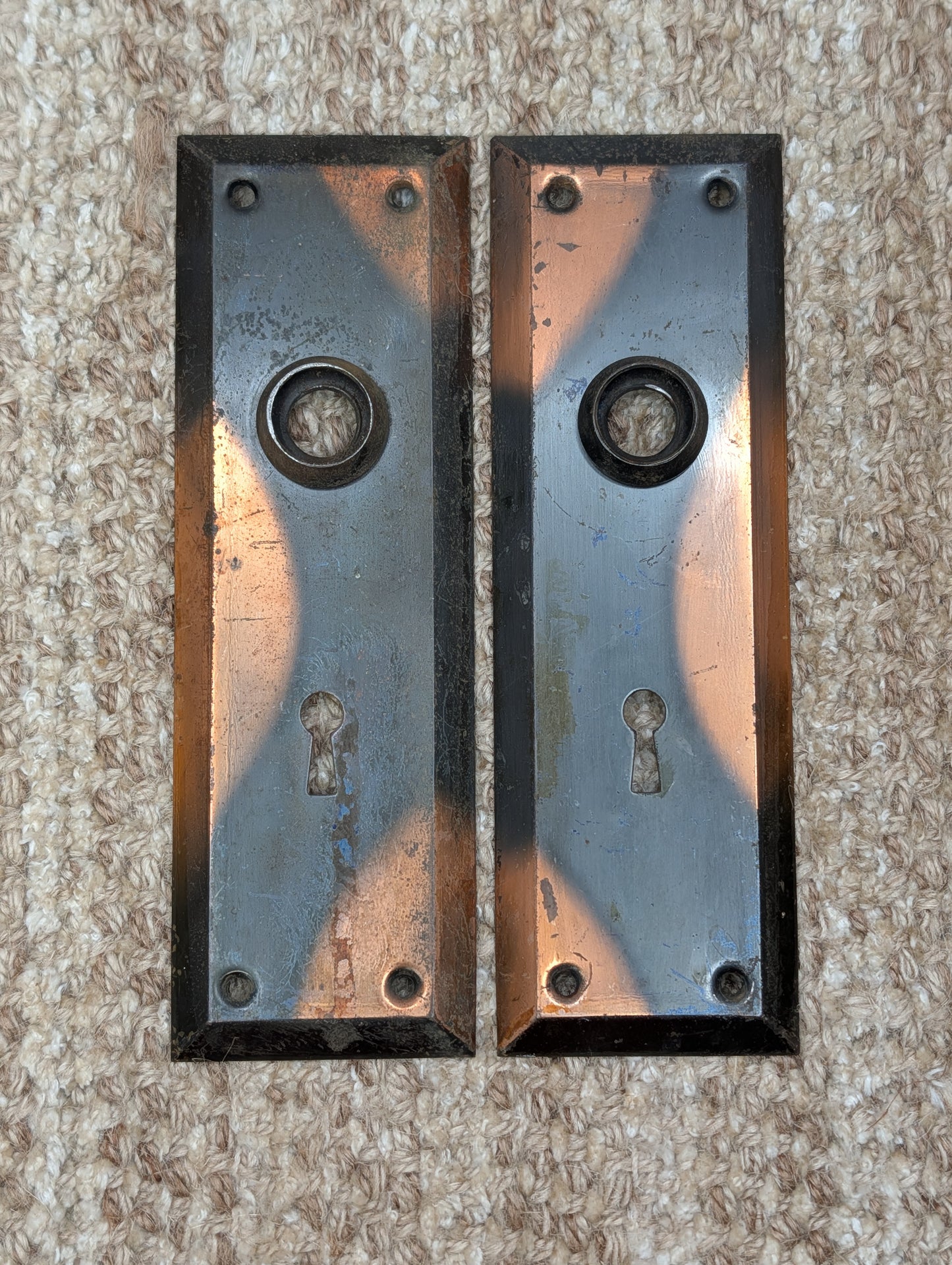 Pair 2 1/4" x 7" Antique Japanned Stamped Steel Door Knob Plates