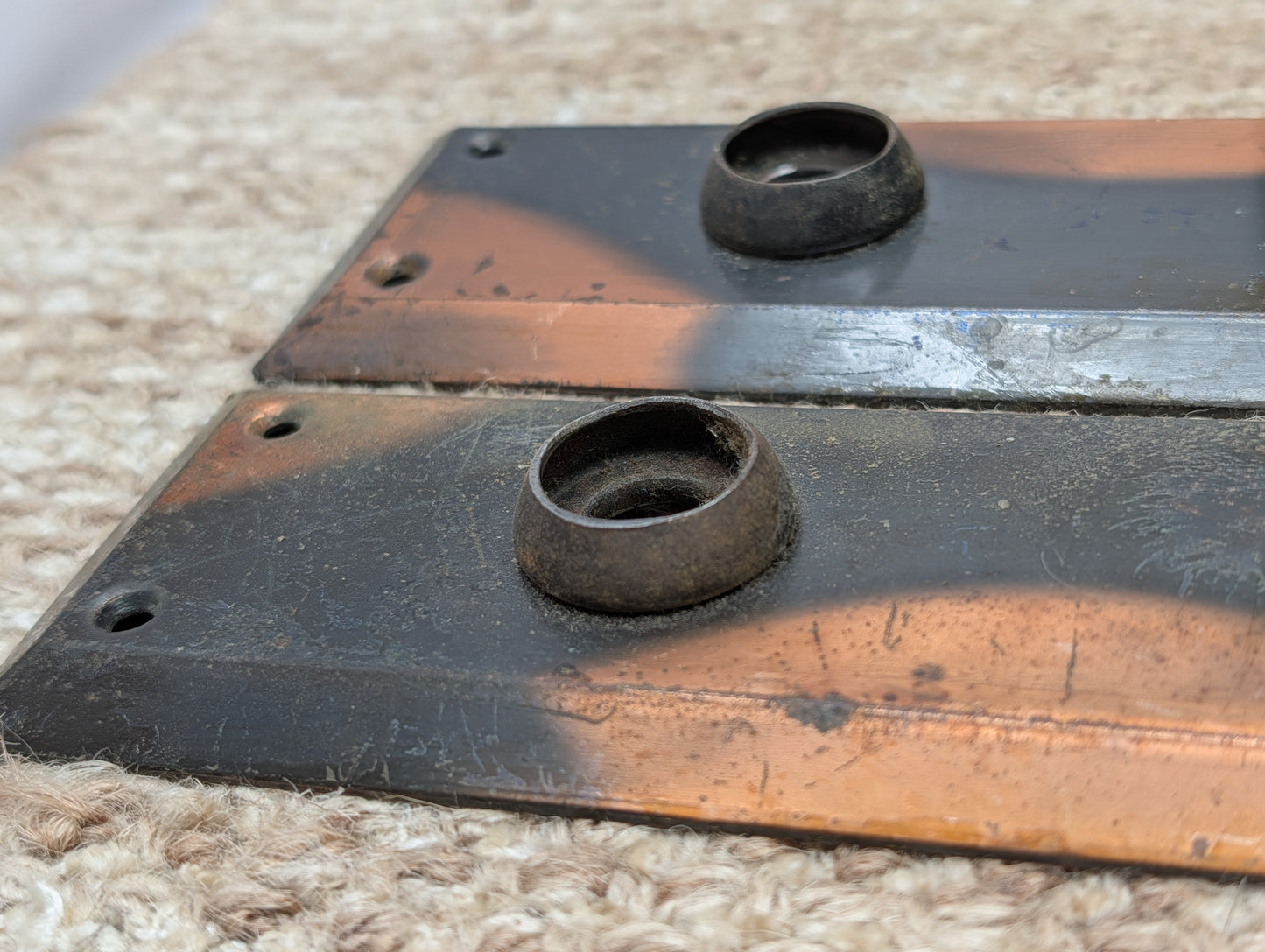 Pair 2 1/4" x 7" Antique Japanned Stamped Steel Door Knob Plates
