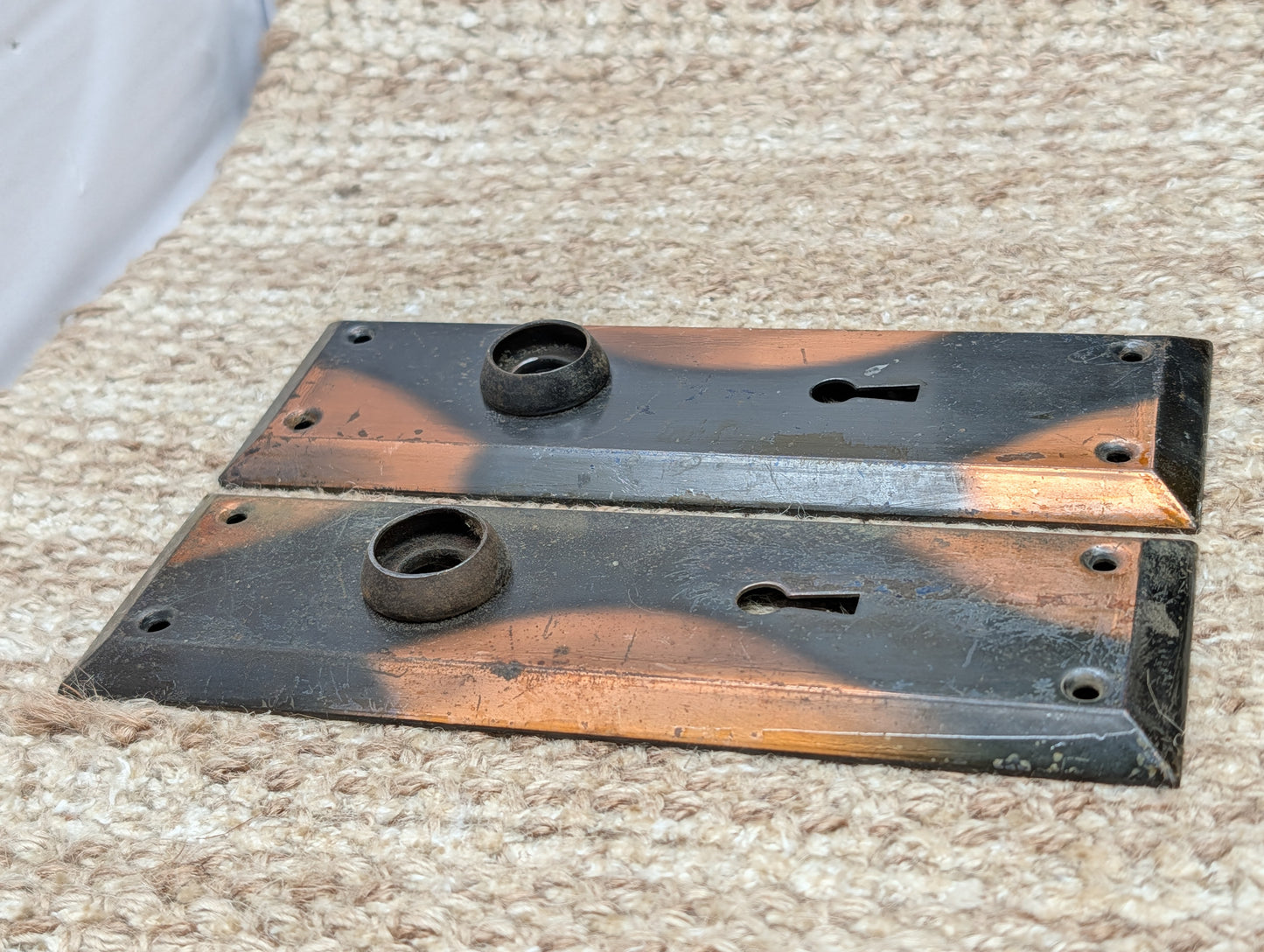 Pair 2 1/4" x 7" Antique Japanned Stamped Steel Door Knob Plates