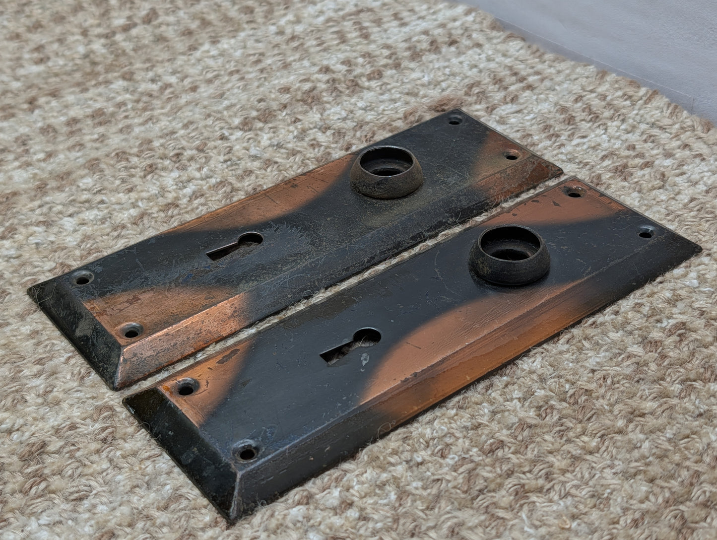 Pair 2 1/4" x 7" Antique Japanned Stamped Steel Door Knob Plates