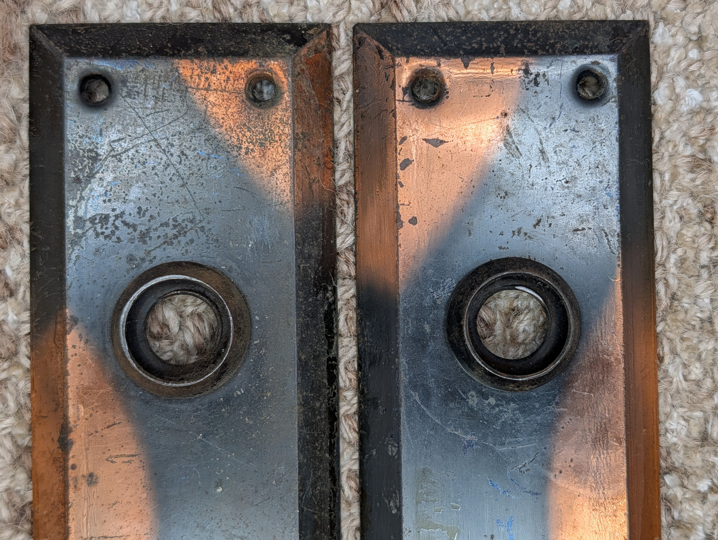 Pair 2 1/4" x 7" Antique Japanned Stamped Steel Door Knob Plates