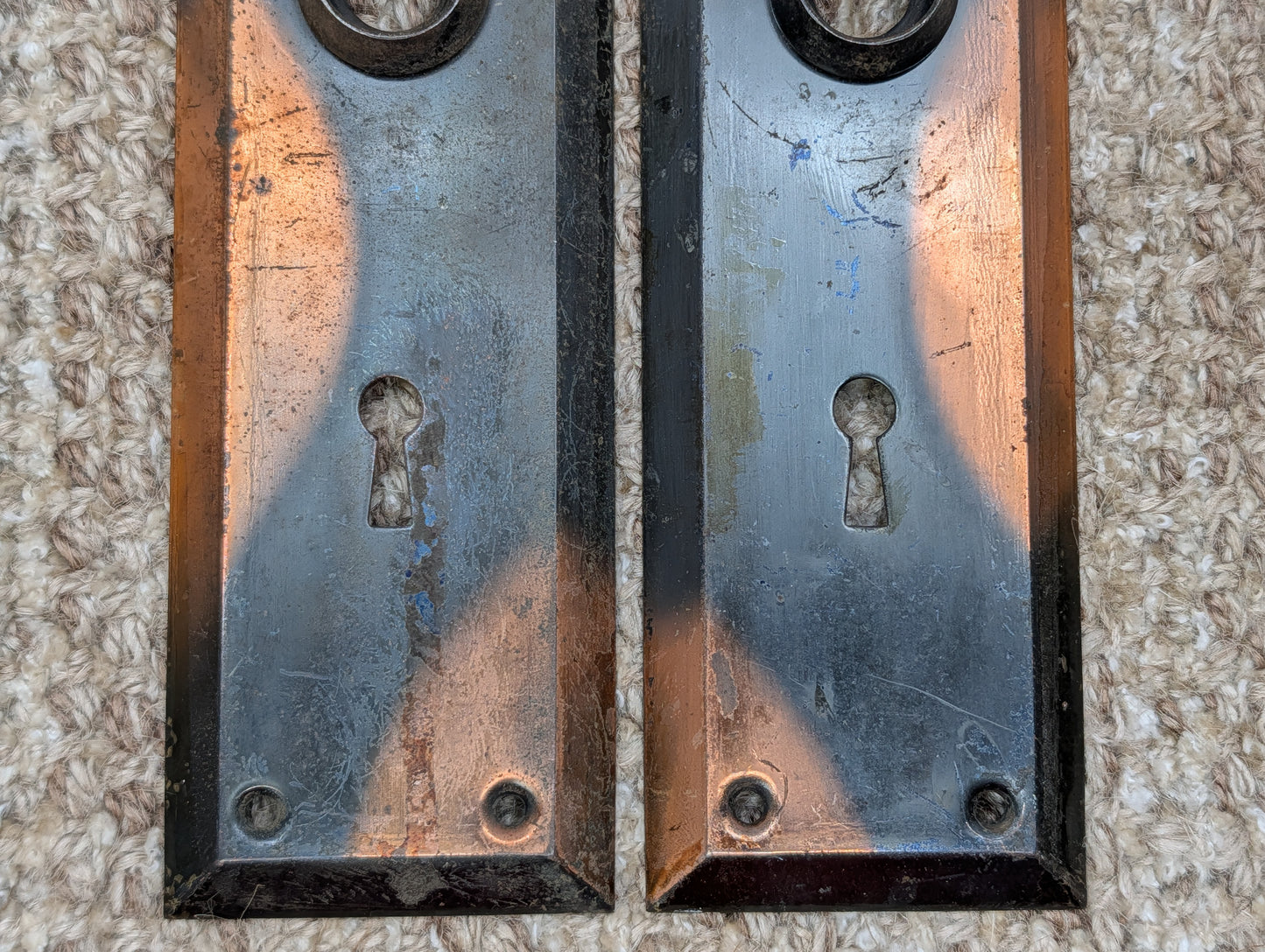 Pair 2 1/4" x 7" Antique Japanned Stamped Steel Door Knob Plates