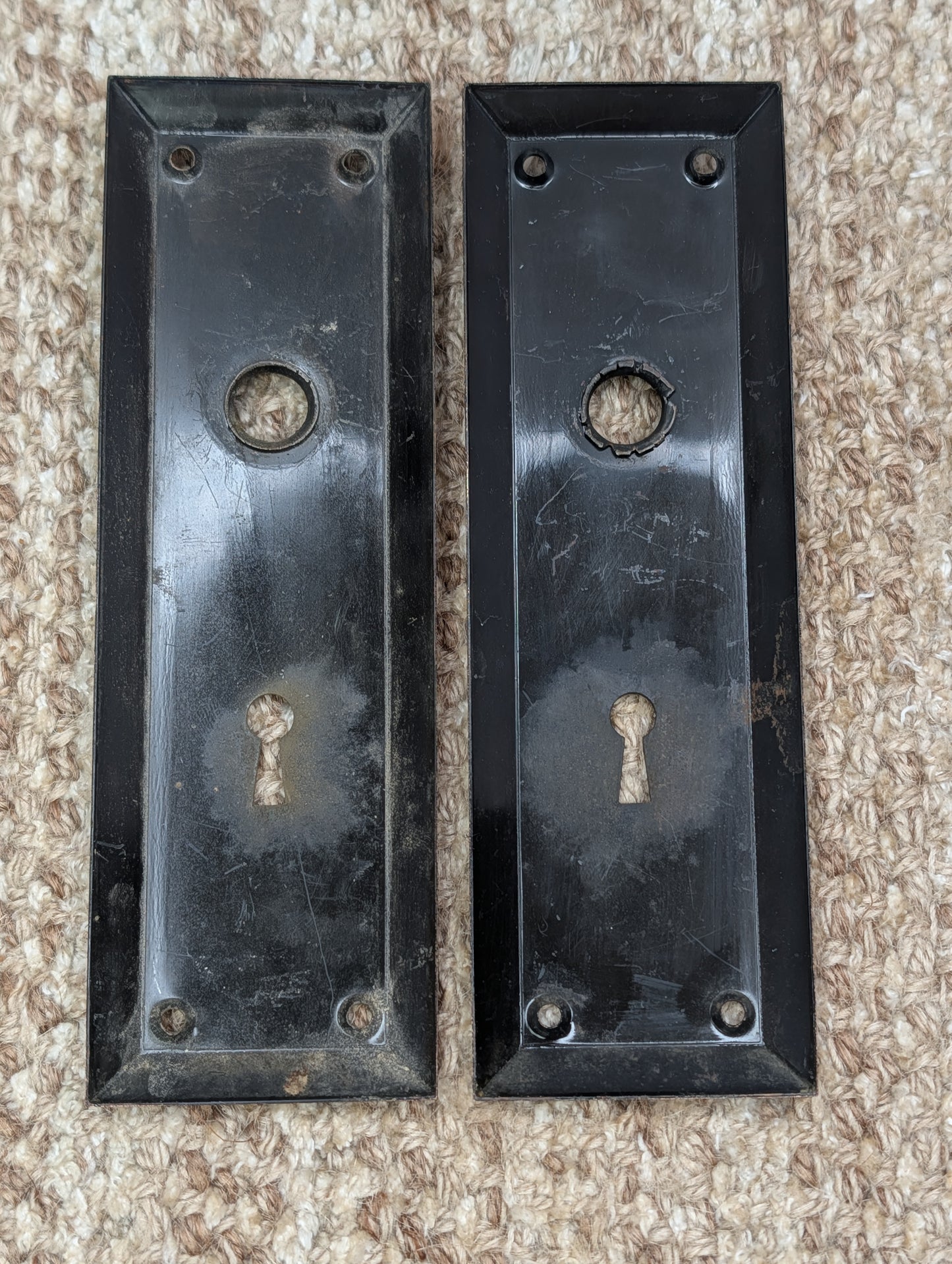 Pair 2 1/4" x 7" Antique Japanned Stamped Steel Door Knob Plates