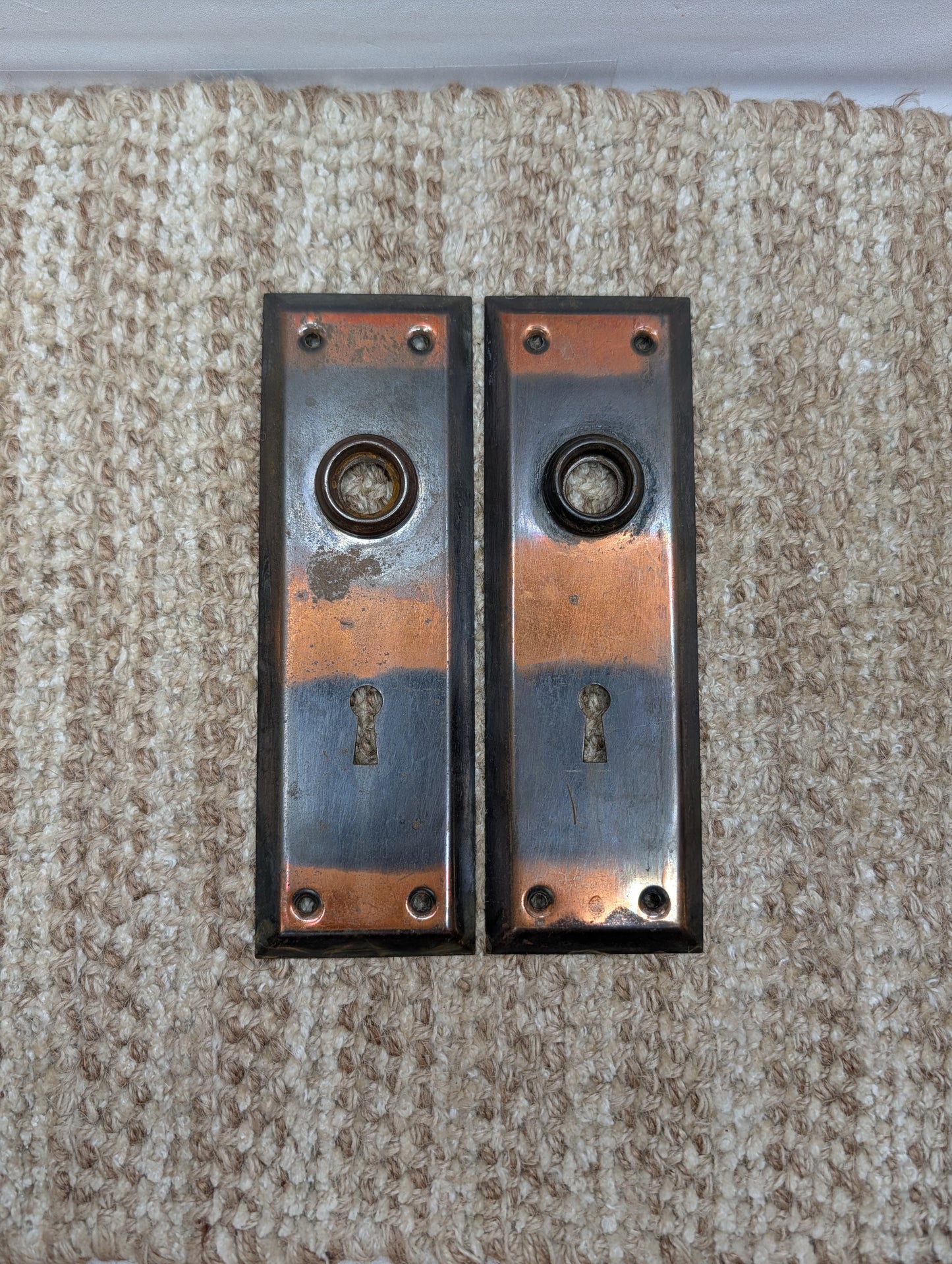Pair 2 1/4" x 7" Antique Japanned Stamped Steel Door Knob Plates