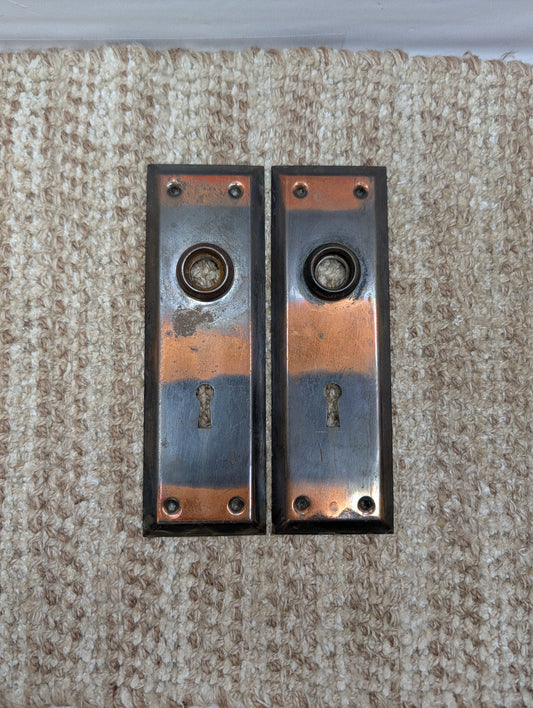 Pair 2 1/4" x 7" Antique Japanned Stamped Steel Door Knob Plates