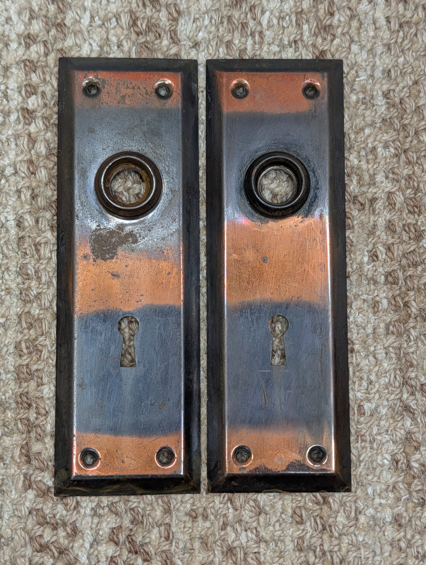 Pair 2 1/4" x 7" Antique Japanned Stamped Steel Door Knob Plates