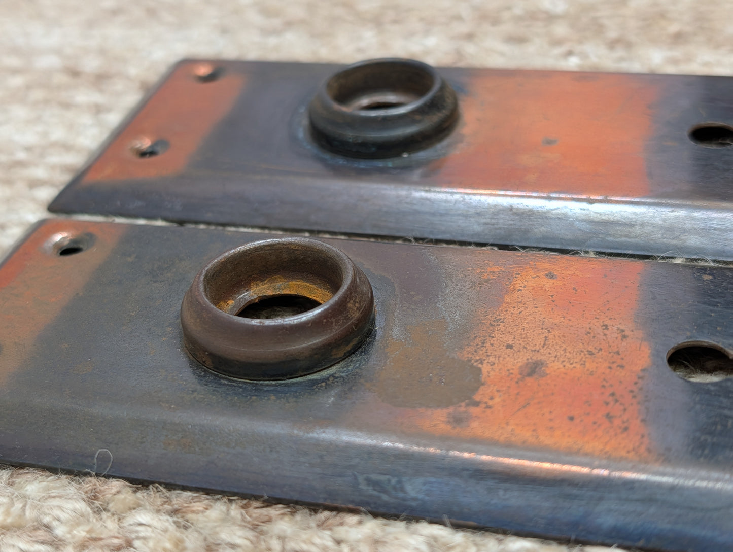 Pair 2 1/4" x 7" Antique Japanned Stamped Steel Door Knob Plates