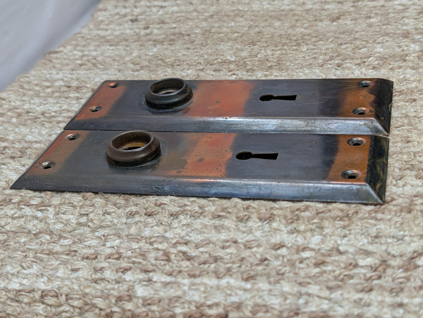 Pair 2 1/4" x 7" Antique Japanned Stamped Steel Door Knob Plates