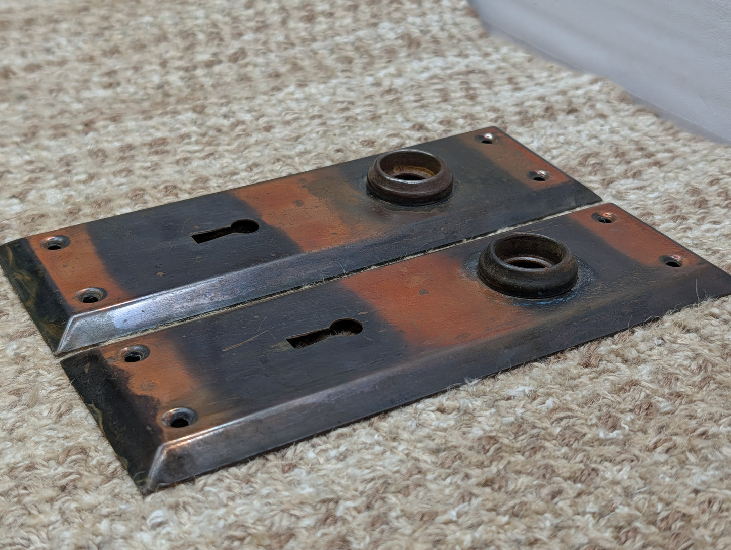 Pair 2 1/4" x 7" Antique Japanned Stamped Steel Door Knob Plates