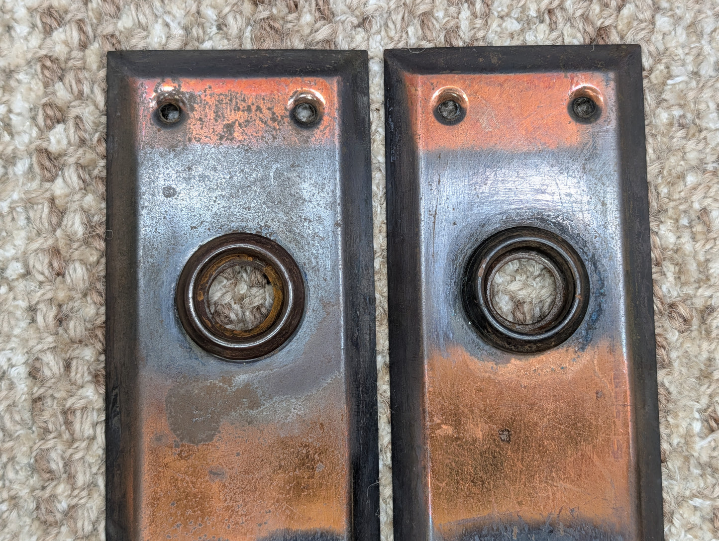 Pair 2 1/4" x 7" Antique Japanned Stamped Steel Door Knob Plates