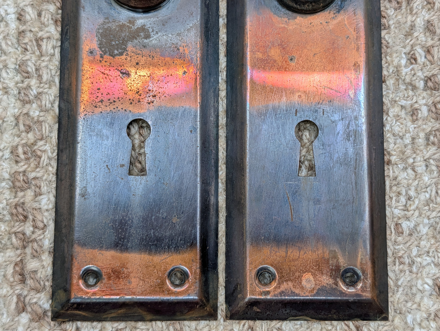 Pair 2 1/4" x 7" Antique Japanned Stamped Steel Door Knob Plates