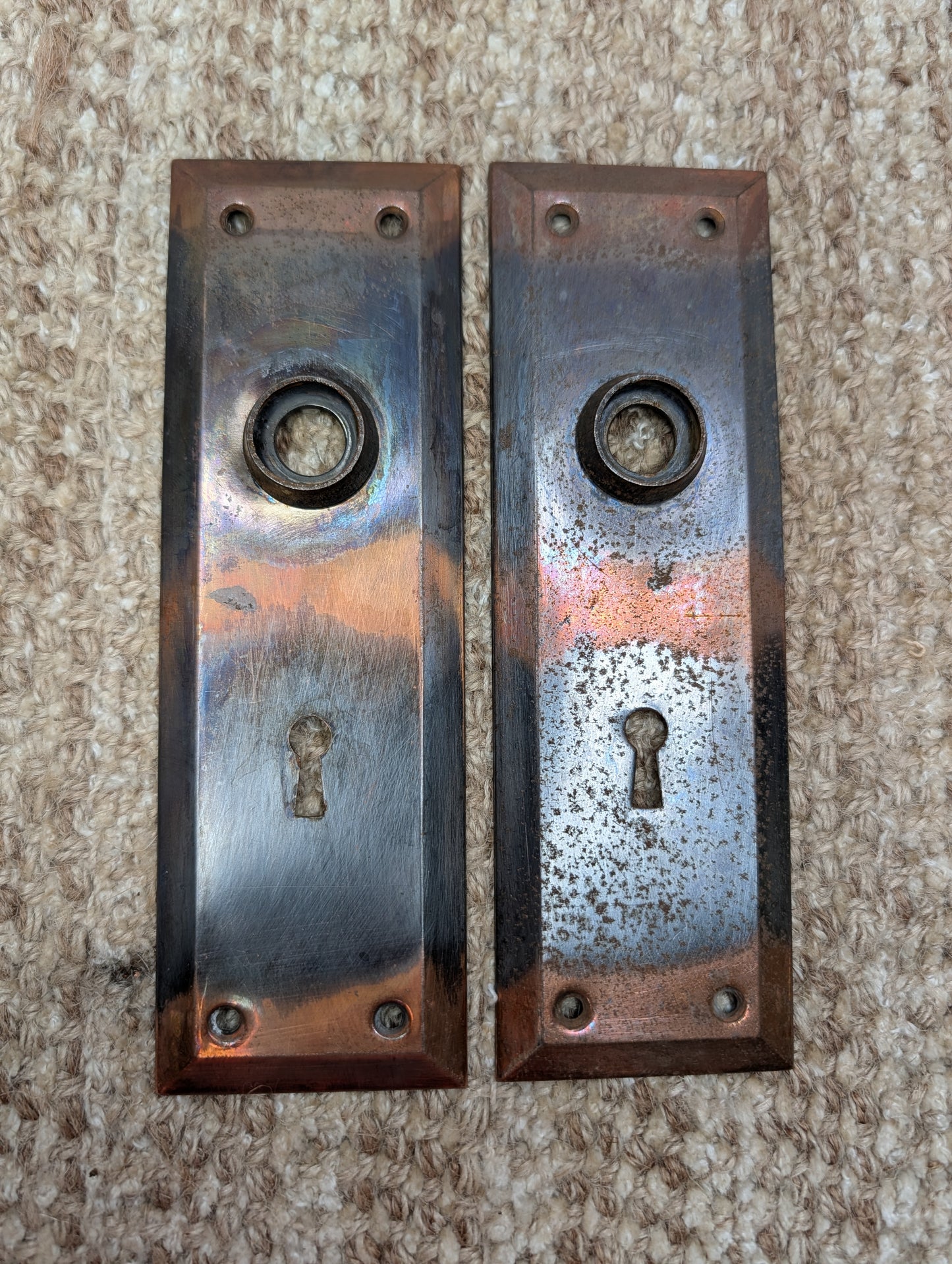 Pair 2 1/4" x 7" Antique Japanned Stamped Steel Door Knob Plates