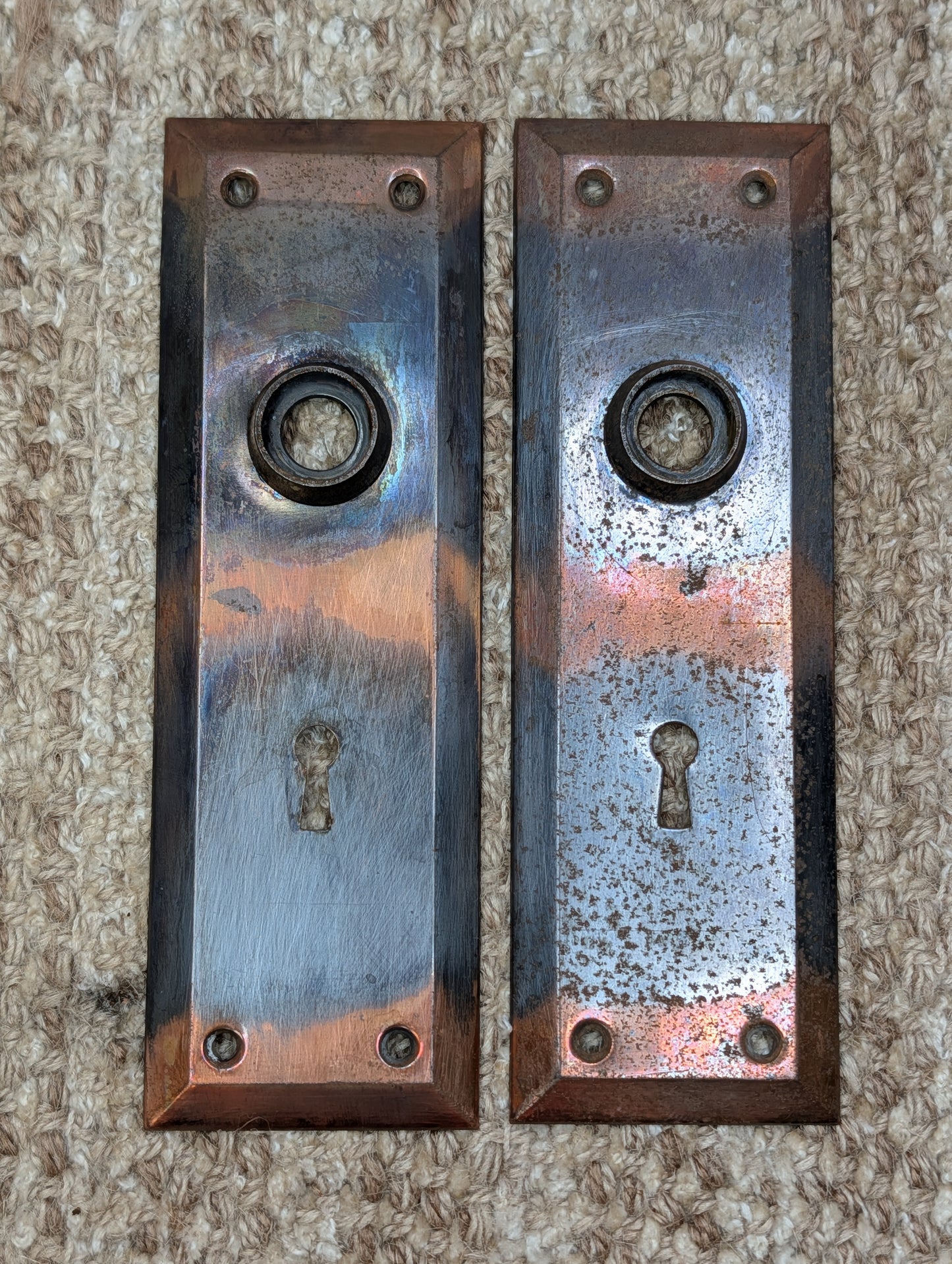 Pair 2 1/4" x 7" Antique Japanned Stamped Steel Door Knob Plates
