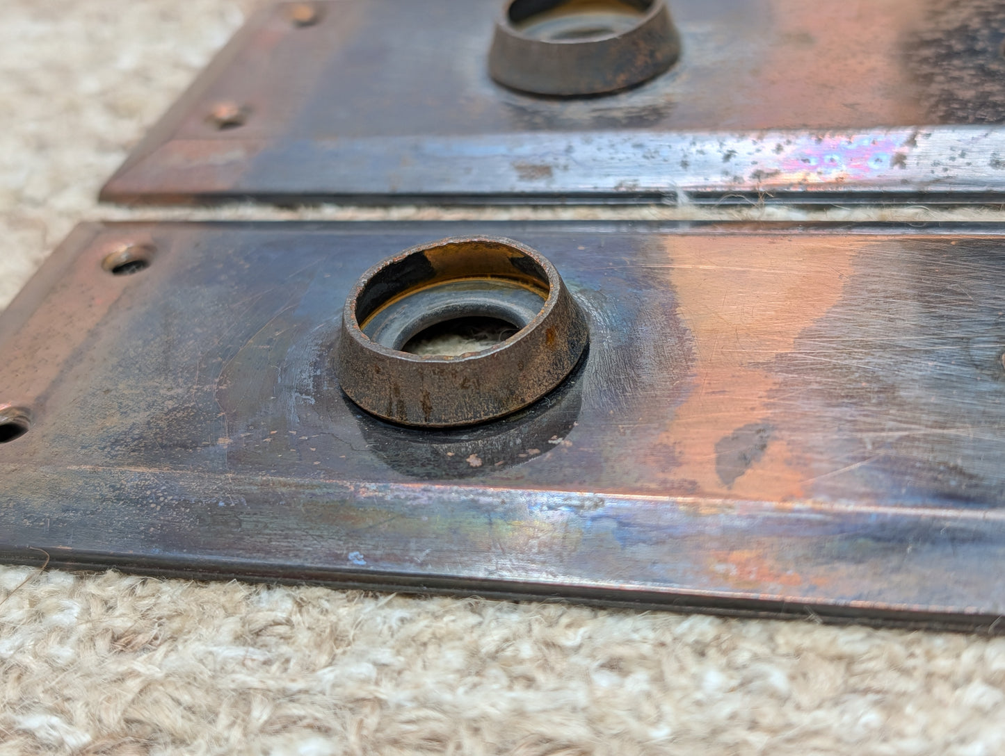 Pair 2 1/4" x 7" Antique Japanned Stamped Steel Door Knob Plates