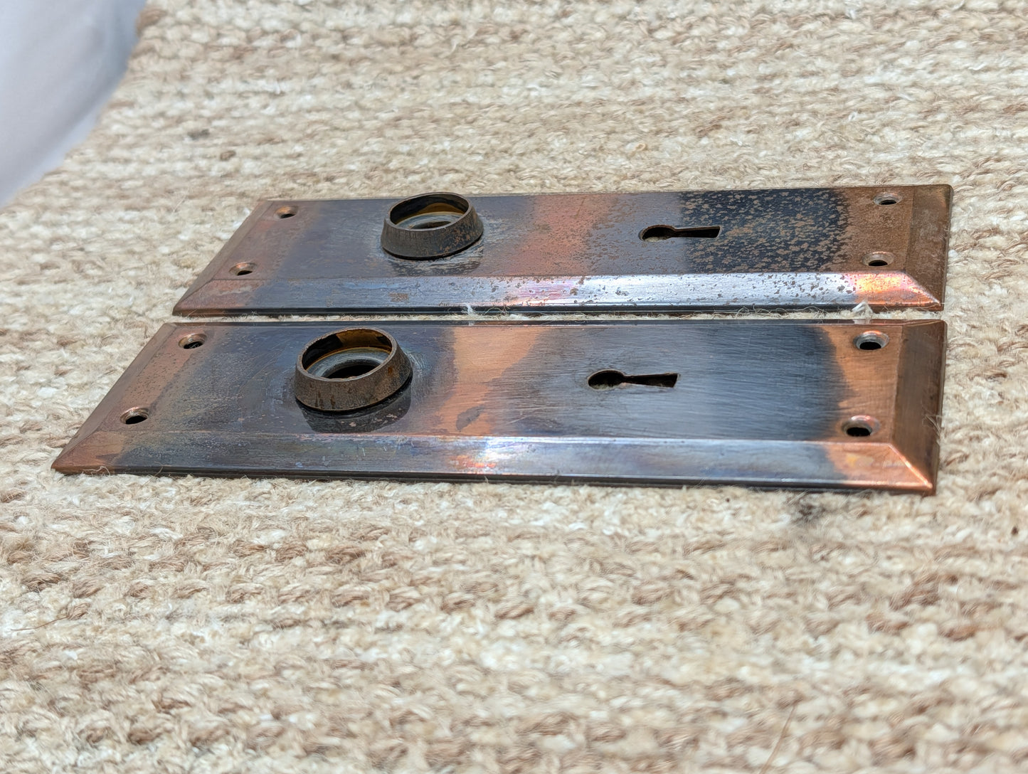 Pair 2 1/4" x 7" Antique Japanned Stamped Steel Door Knob Plates