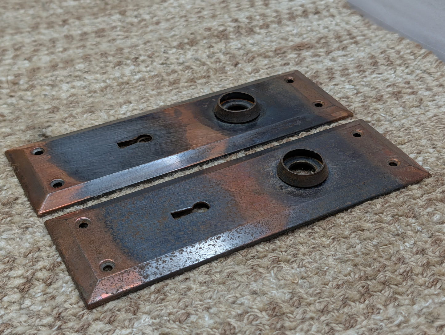 Pair 2 1/4" x 7" Antique Japanned Stamped Steel Door Knob Plates