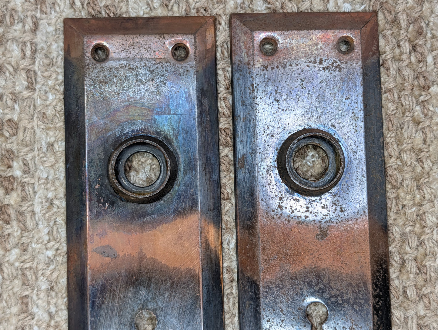 Pair 2 1/4" x 7" Antique Japanned Stamped Steel Door Knob Plates