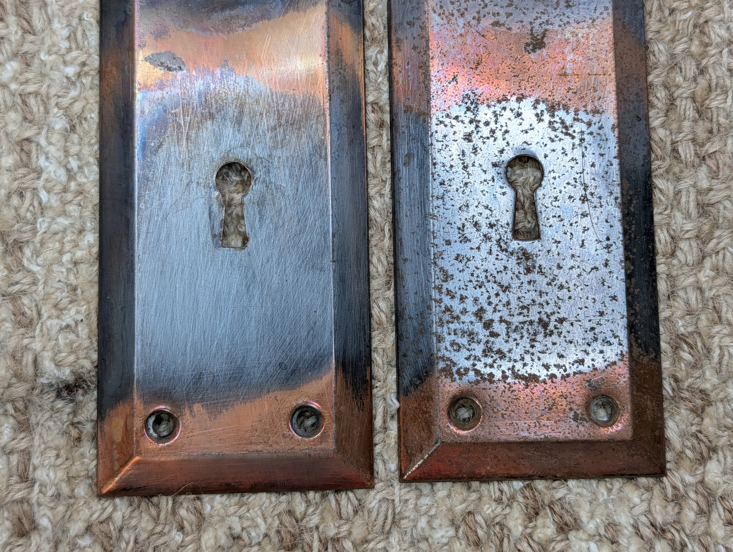 Pair 2 1/4" x 7" Antique Japanned Stamped Steel Door Knob Plates