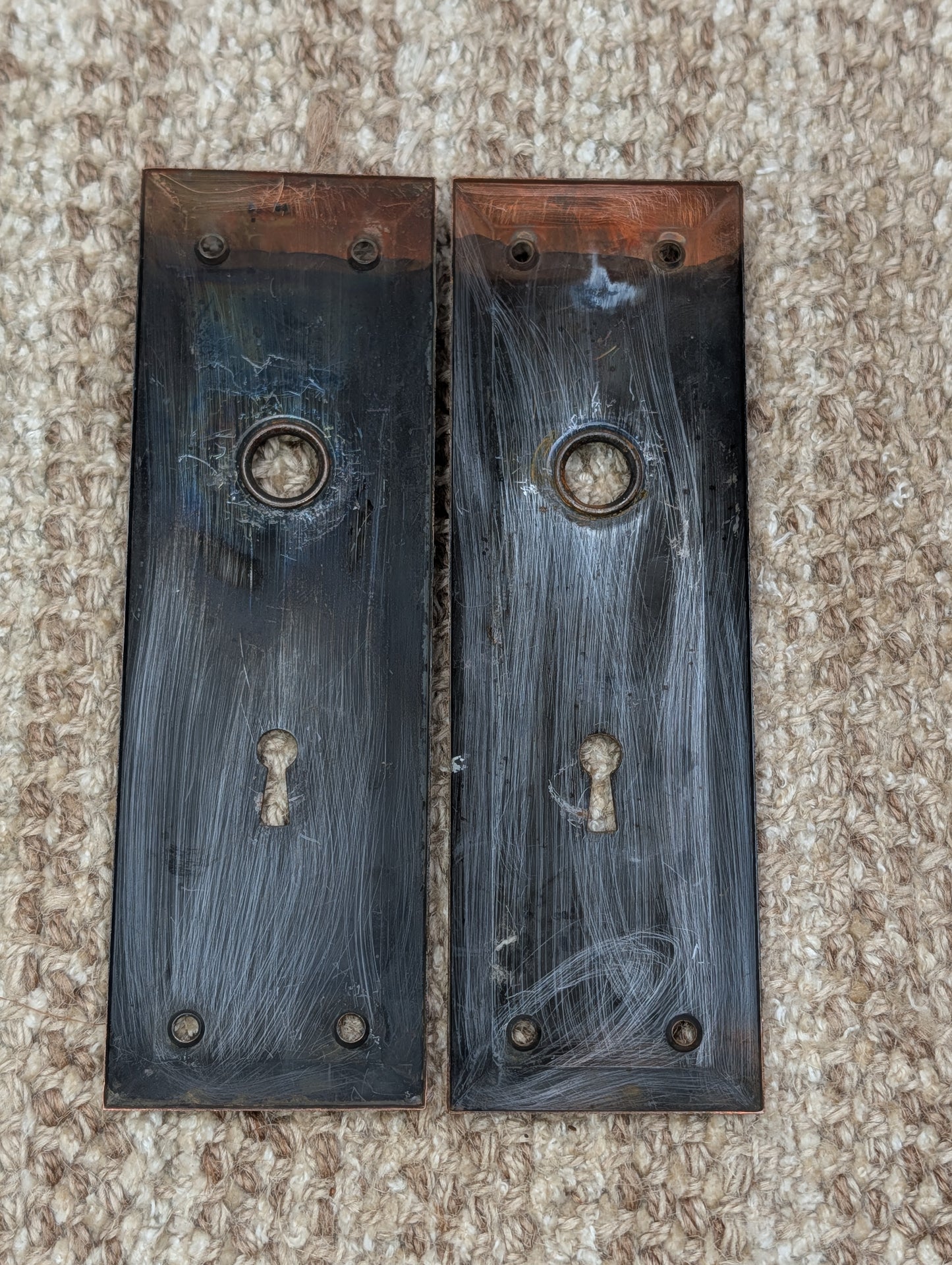 Pair 2 1/4" x 7" Antique Japanned Stamped Steel Door Knob Plates