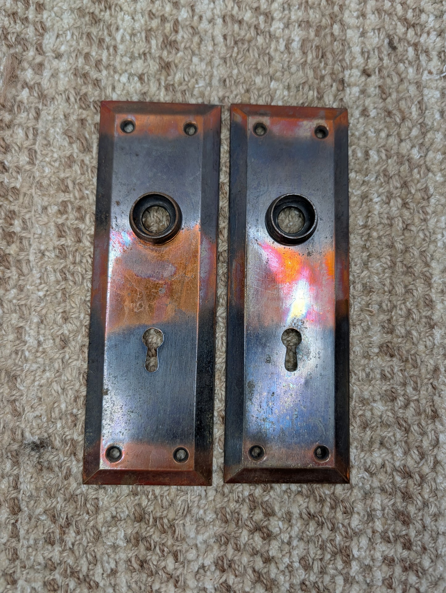 Pair 2 1/4" x 7" Antique Japanned Stamped Steel Door Knob Plates