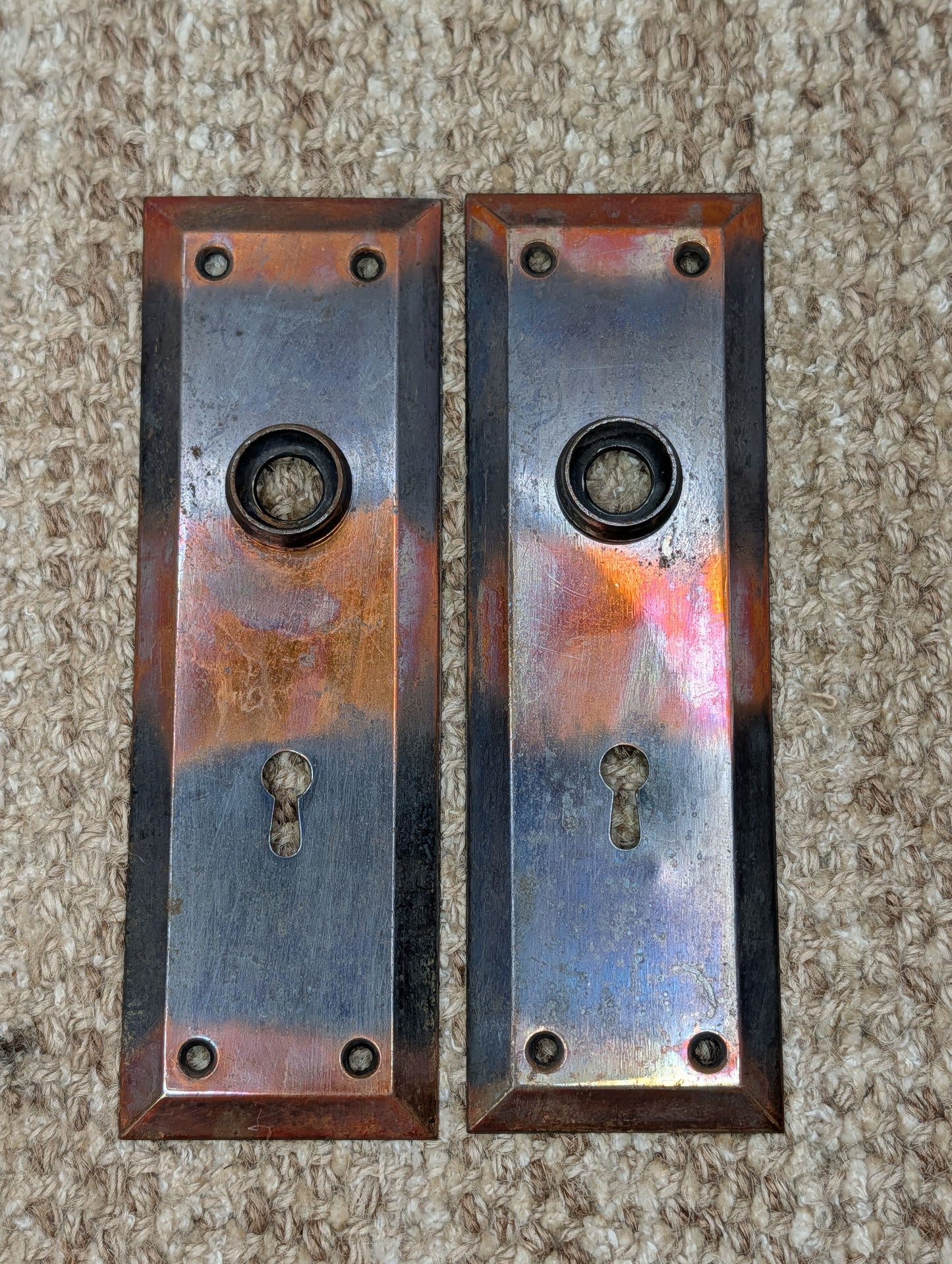 Pair 2 1/4" x 7" Antique Japanned Stamped Steel Door Knob Plates