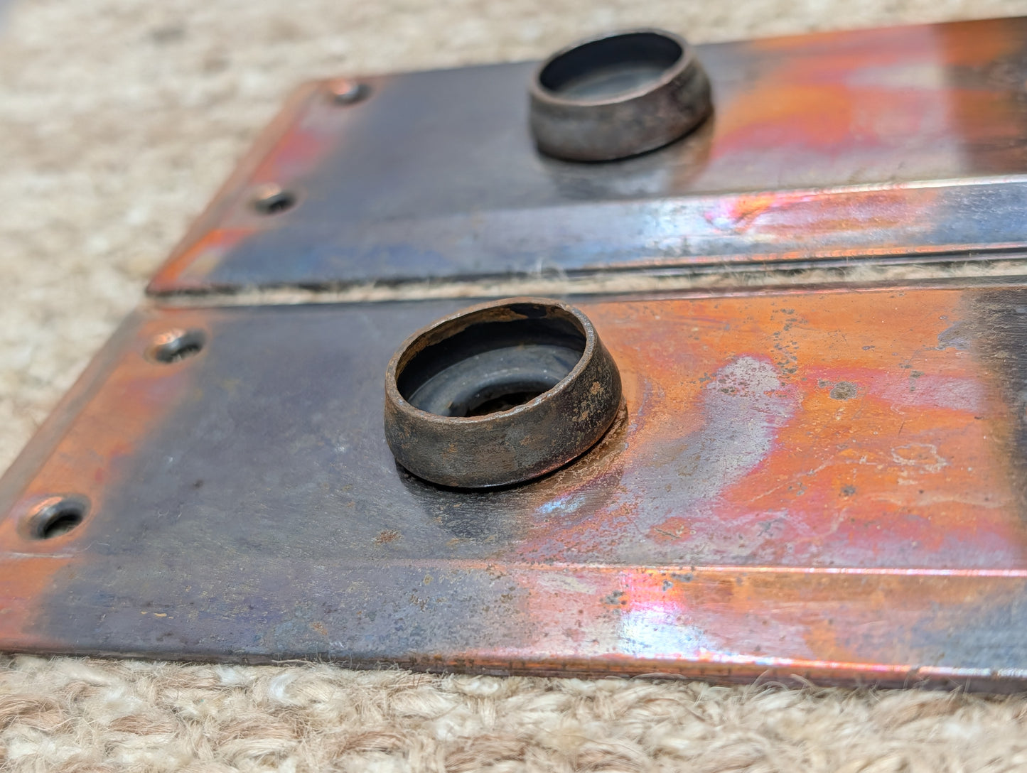 Pair 2 1/4" x 7" Antique Japanned Stamped Steel Door Knob Plates