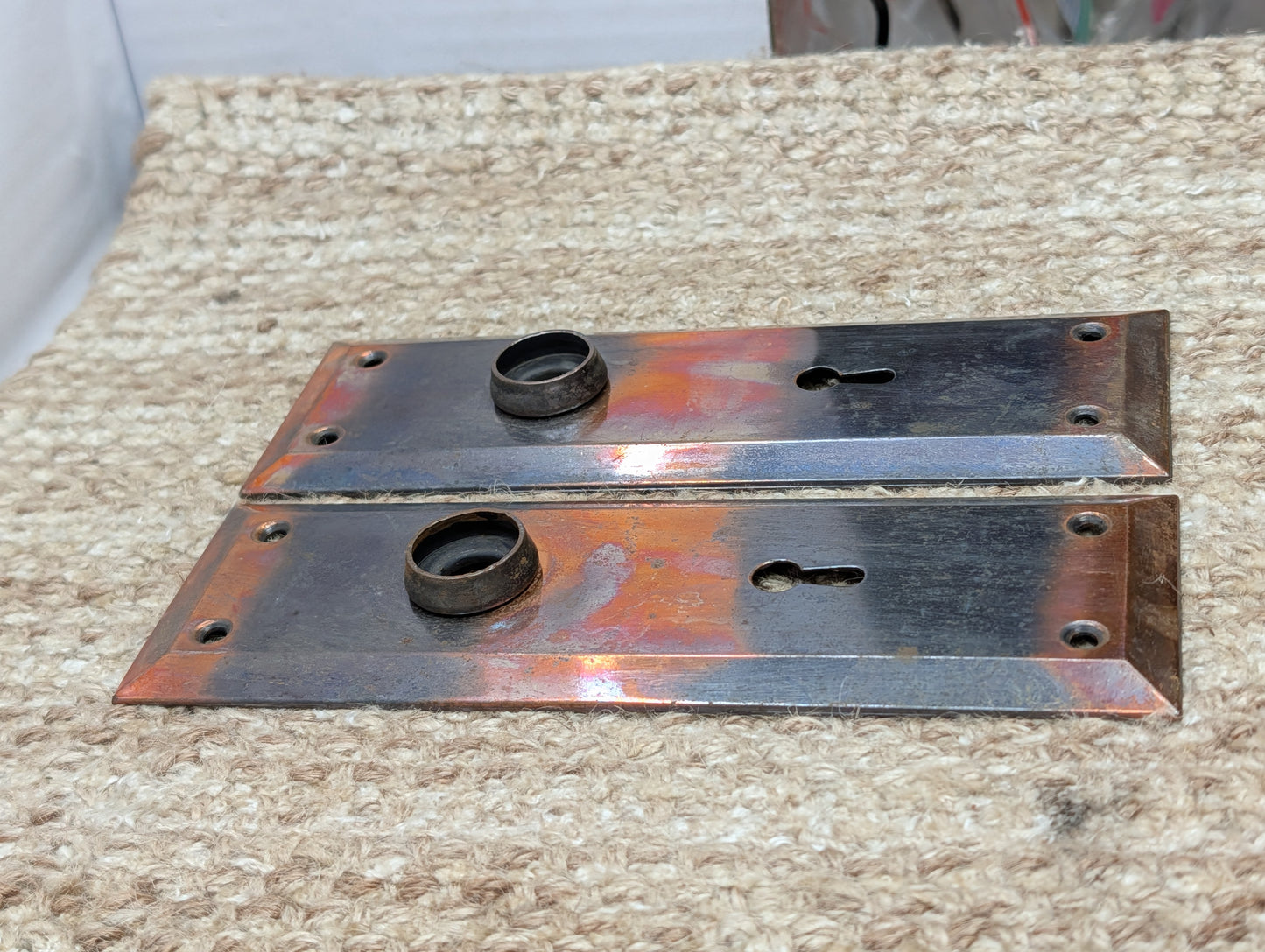 Pair 2 1/4" x 7" Antique Japanned Stamped Steel Door Knob Plates