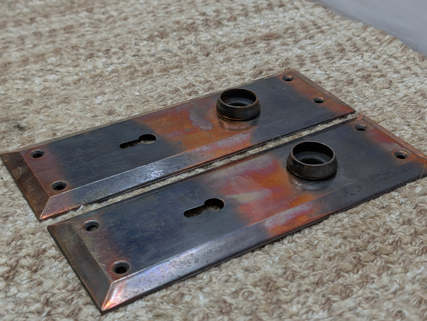 Pair 2 1/4" x 7" Antique Japanned Stamped Steel Door Knob Plates