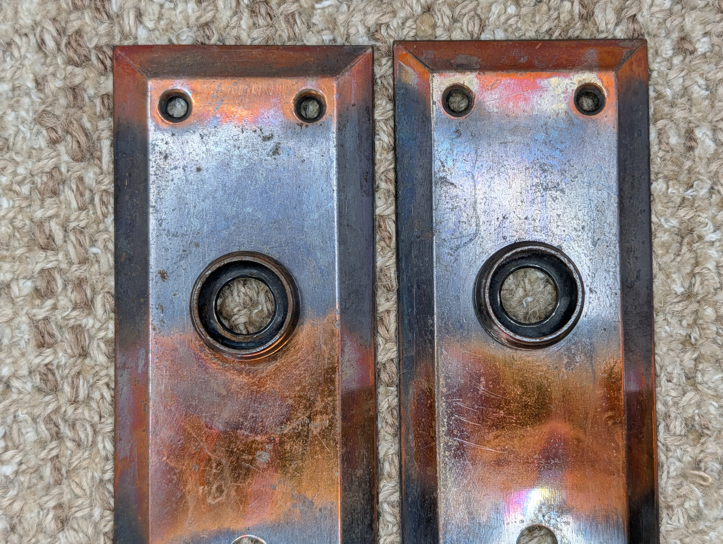 Pair 2 1/4" x 7" Antique Japanned Stamped Steel Door Knob Plates