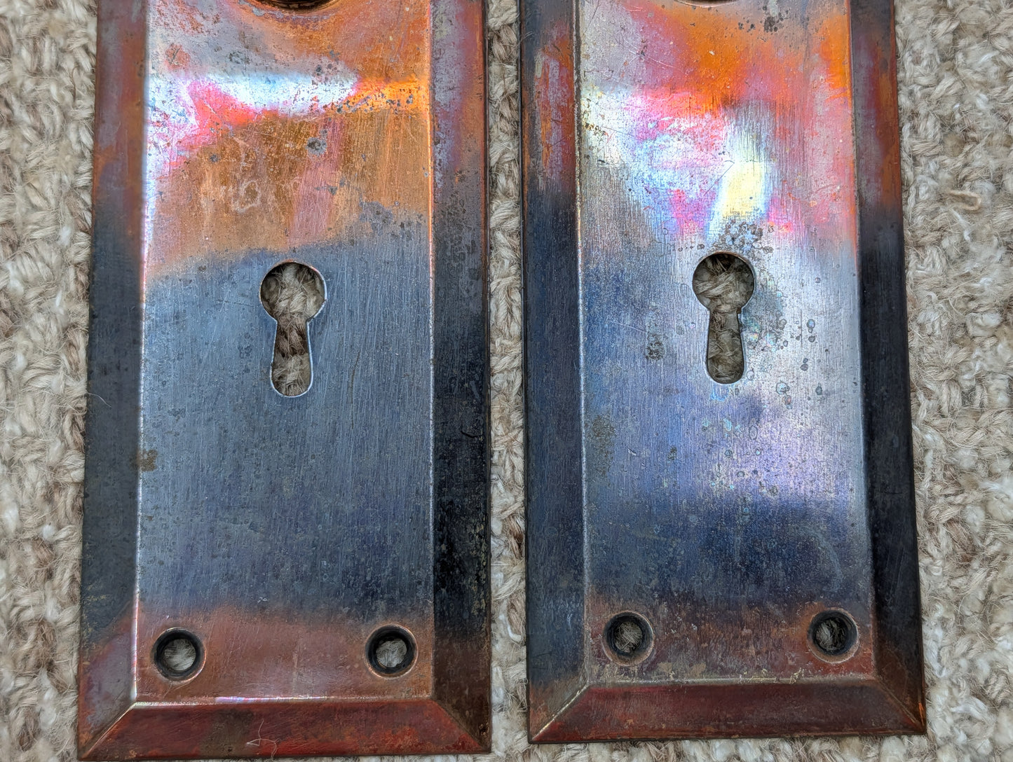 Pair 2 1/4" x 7" Antique Japanned Stamped Steel Door Knob Plates