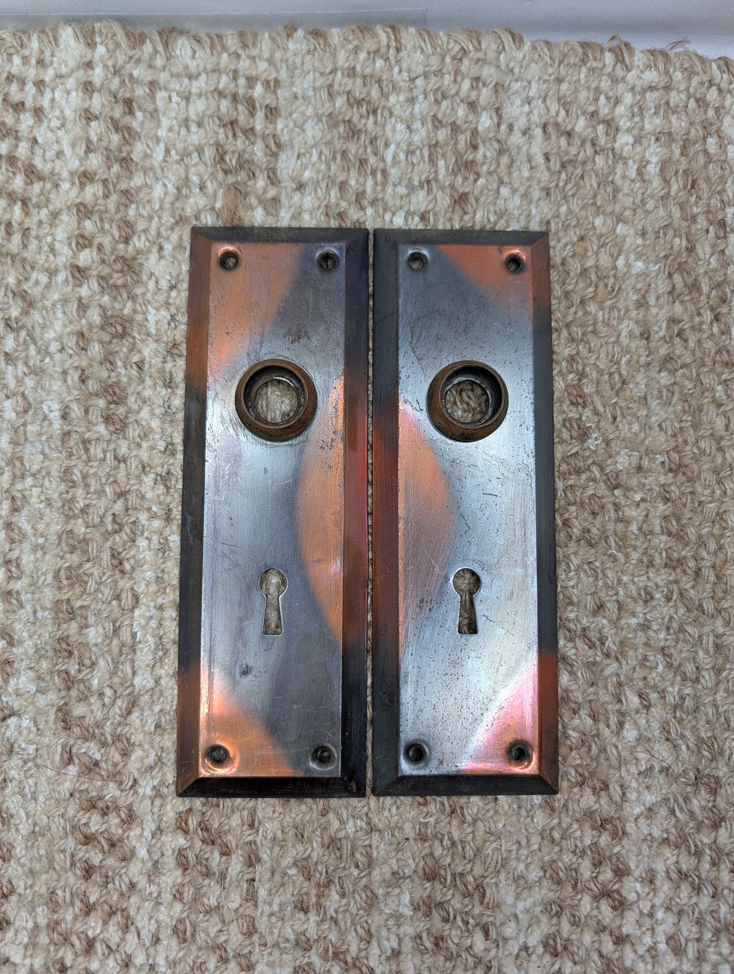 Pair 2 1/4" x 7" Antique Japanned Stamped Steel Door Knob Plates