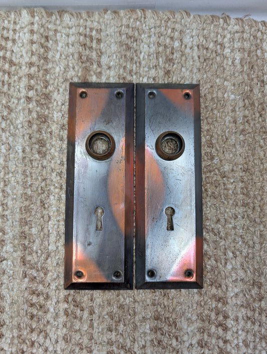 Pair 2 1/4" x 7" Antique Japanned Stamped Steel Door Knob Plates