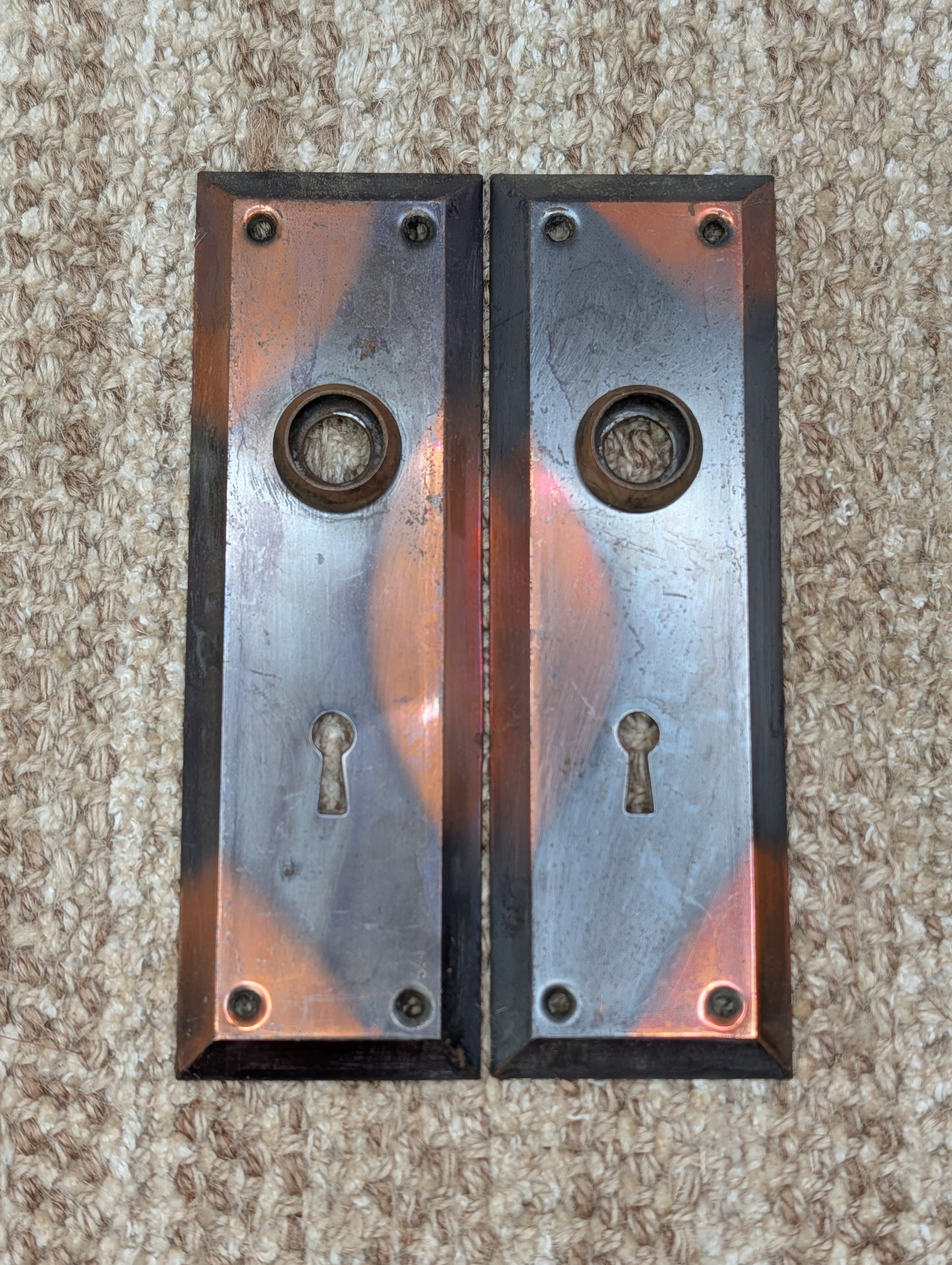 Pair 2 1/4" x 7" Antique Japanned Stamped Steel Door Knob Plates