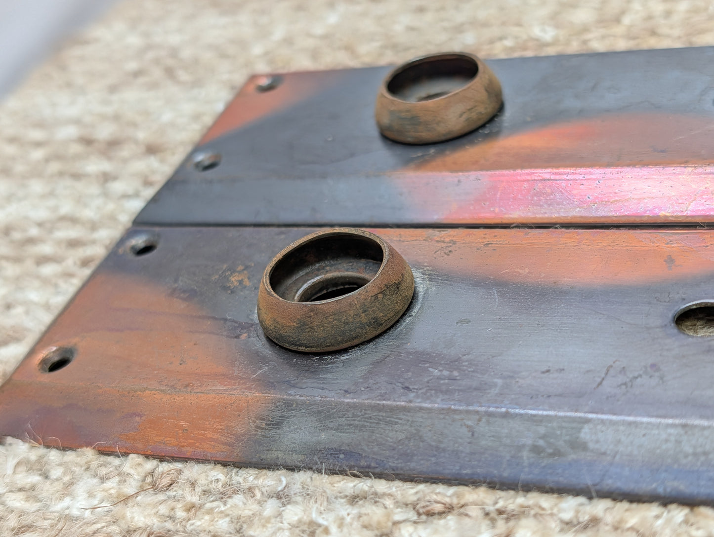 Pair 2 1/4" x 7" Antique Japanned Stamped Steel Door Knob Plates