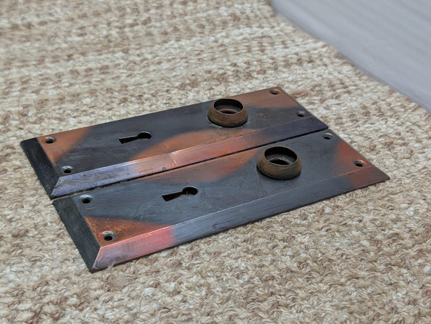 Pair 2 1/4" x 7" Antique Japanned Stamped Steel Door Knob Plates