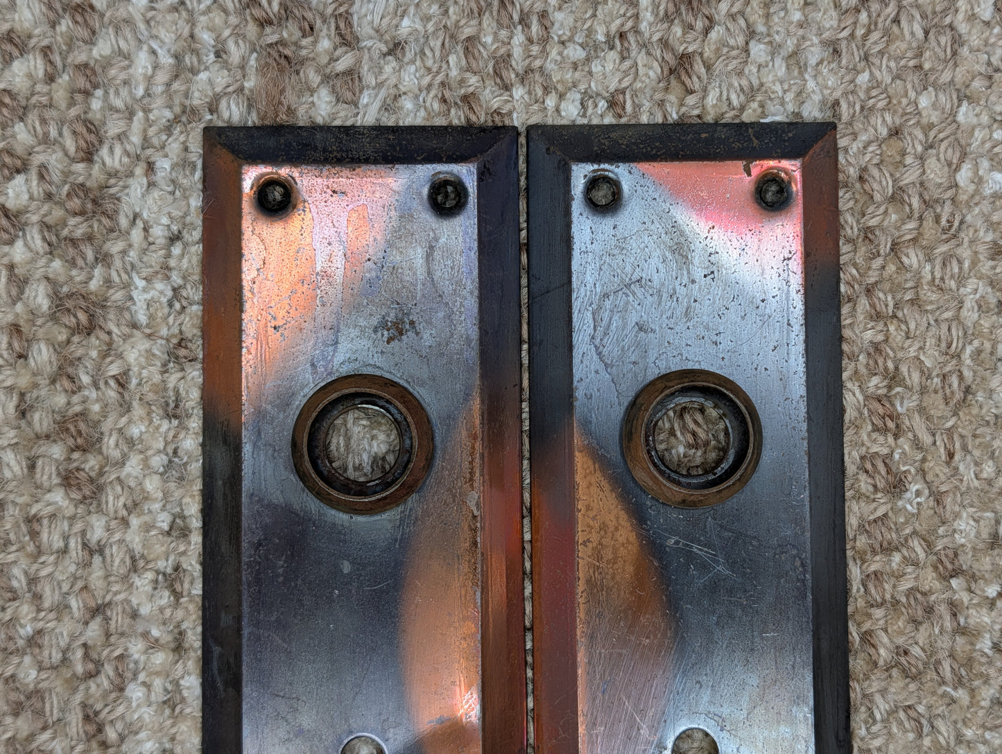 Pair 2 1/4" x 7" Antique Japanned Stamped Steel Door Knob Plates