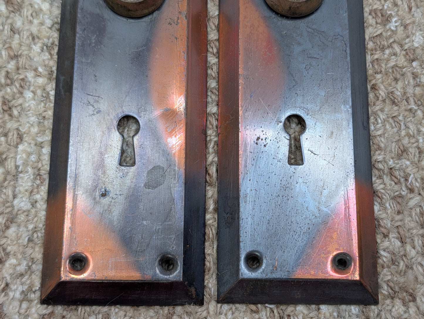 Pair 2 1/4" x 7" Antique Japanned Stamped Steel Door Knob Plates