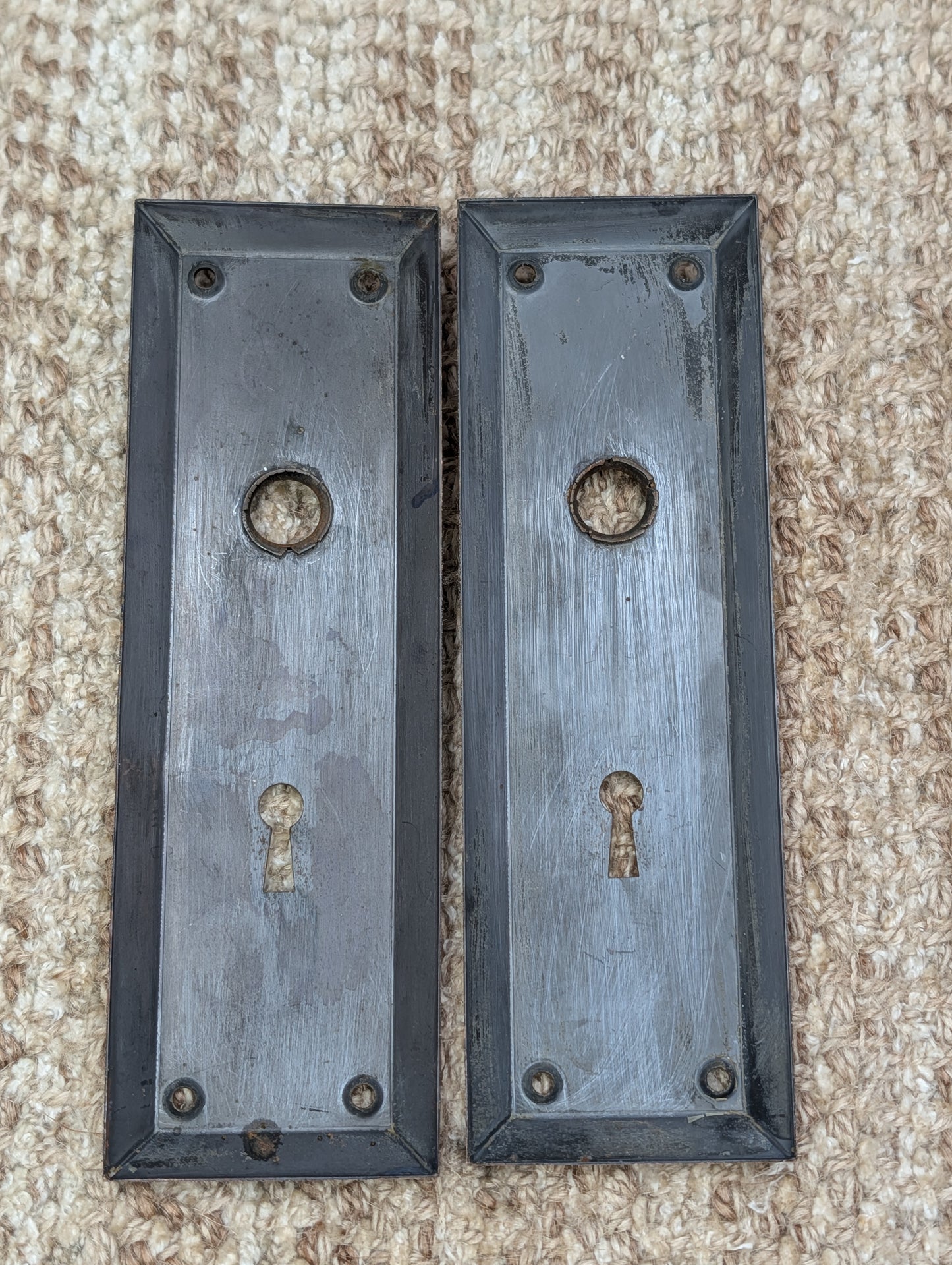 Pair 2 1/4" x 7" Antique Japanned Stamped Steel Door Knob Plates