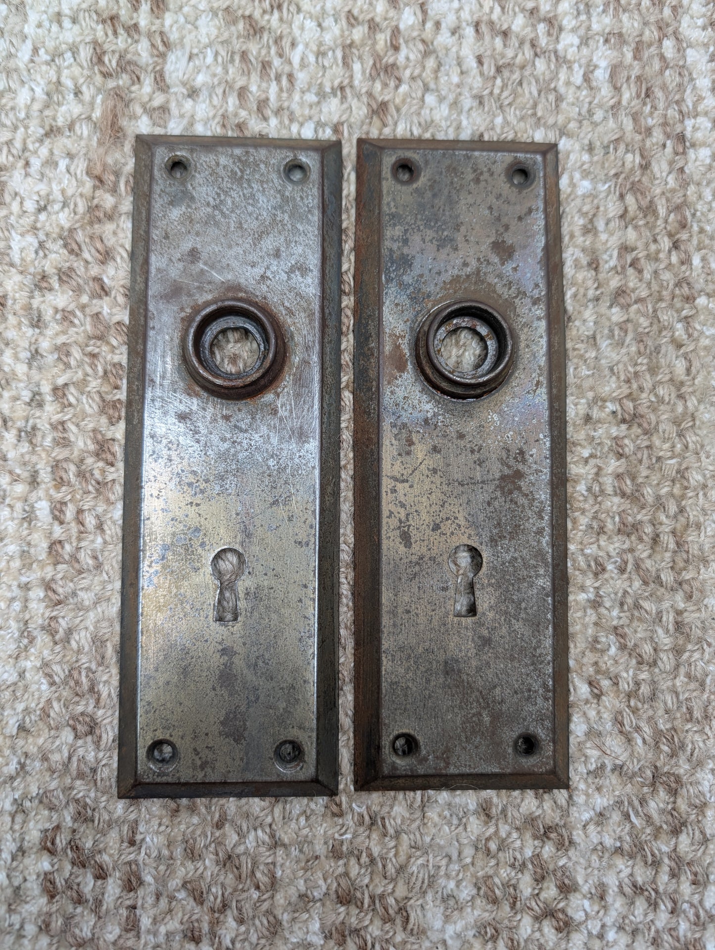 Pair 2 1/4" x 7" Antique Stamped Steel Door Knob Plates