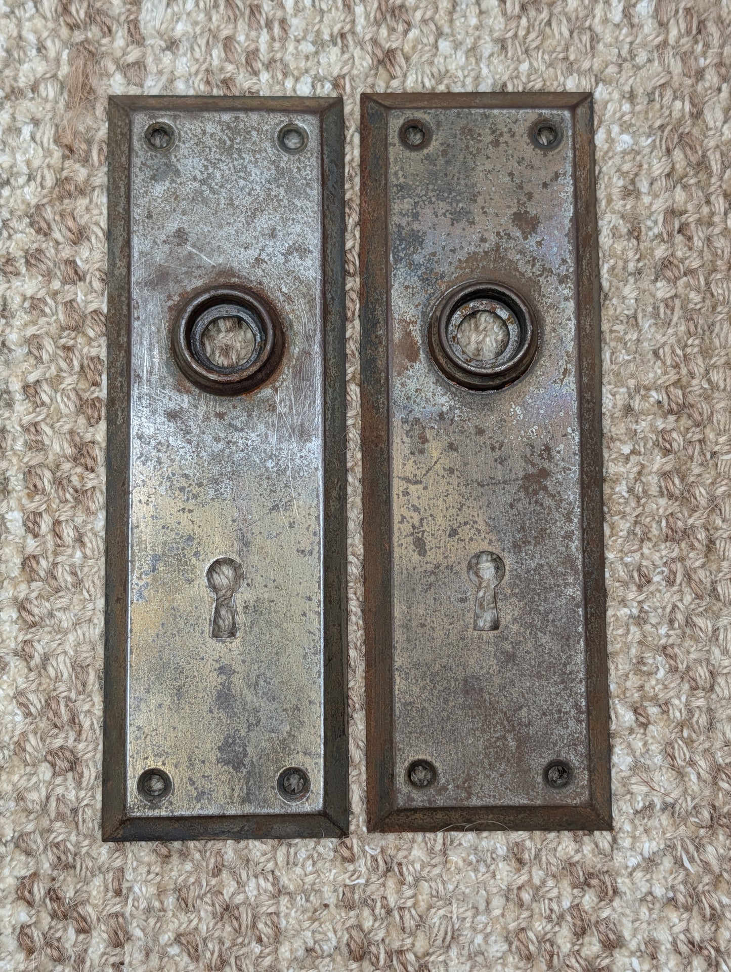 Pair 2 1/4" x 7" Antique Stamped Steel Door Knob Plates