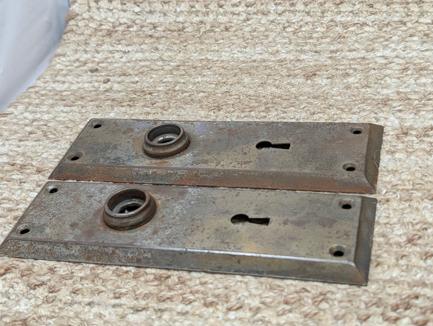 Pair 2 1/4" x 7" Antique Stamped Steel Door Knob Plates