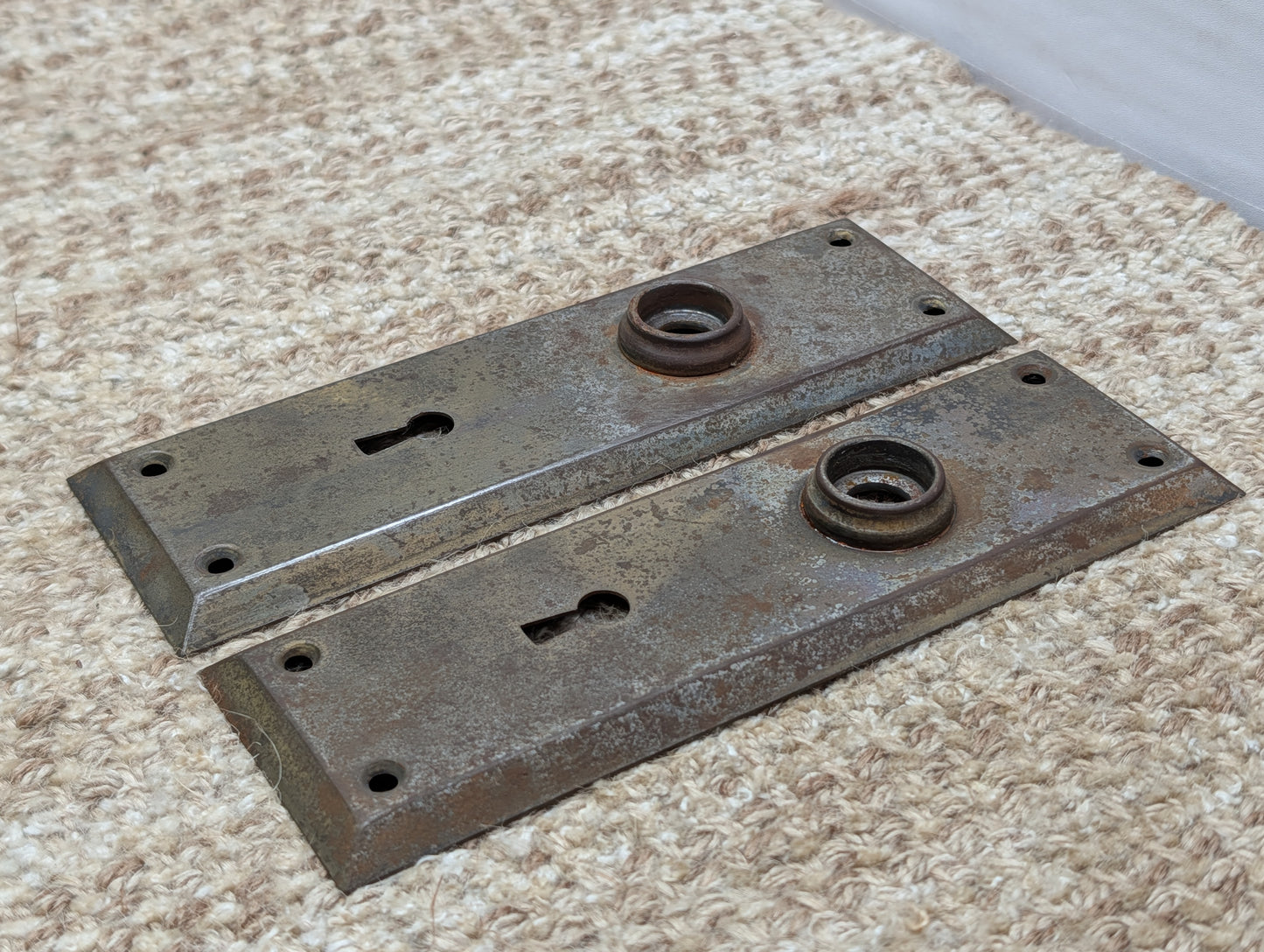 Pair 2 1/4" x 7" Antique Stamped Steel Door Knob Plates