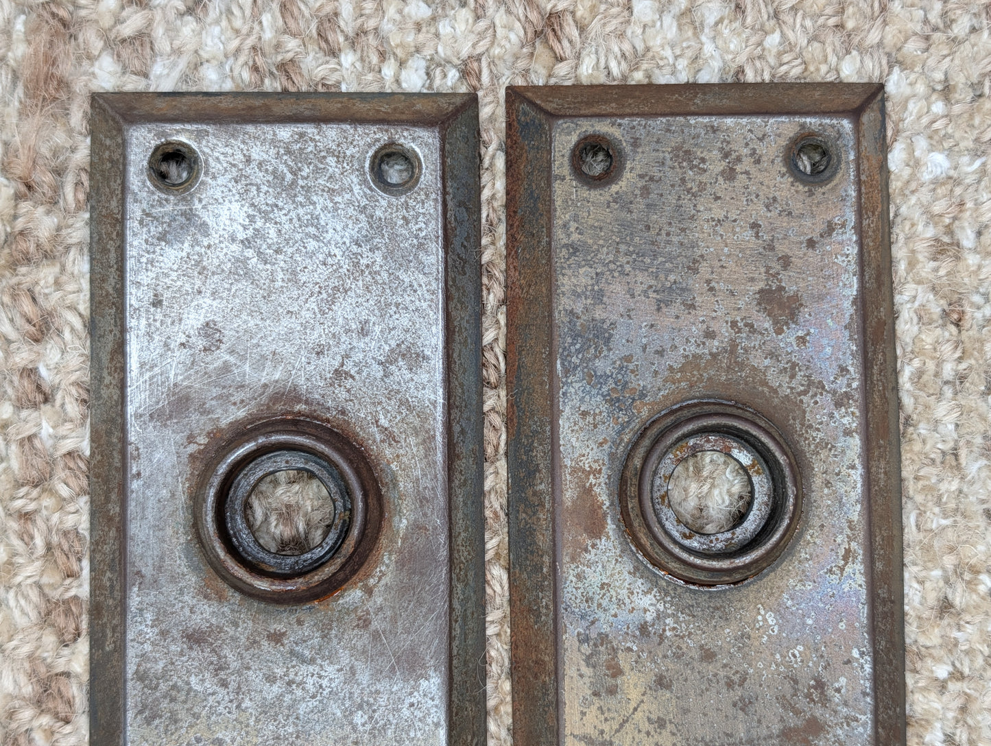 Pair 2 1/4" x 7" Antique Stamped Steel Door Knob Plates