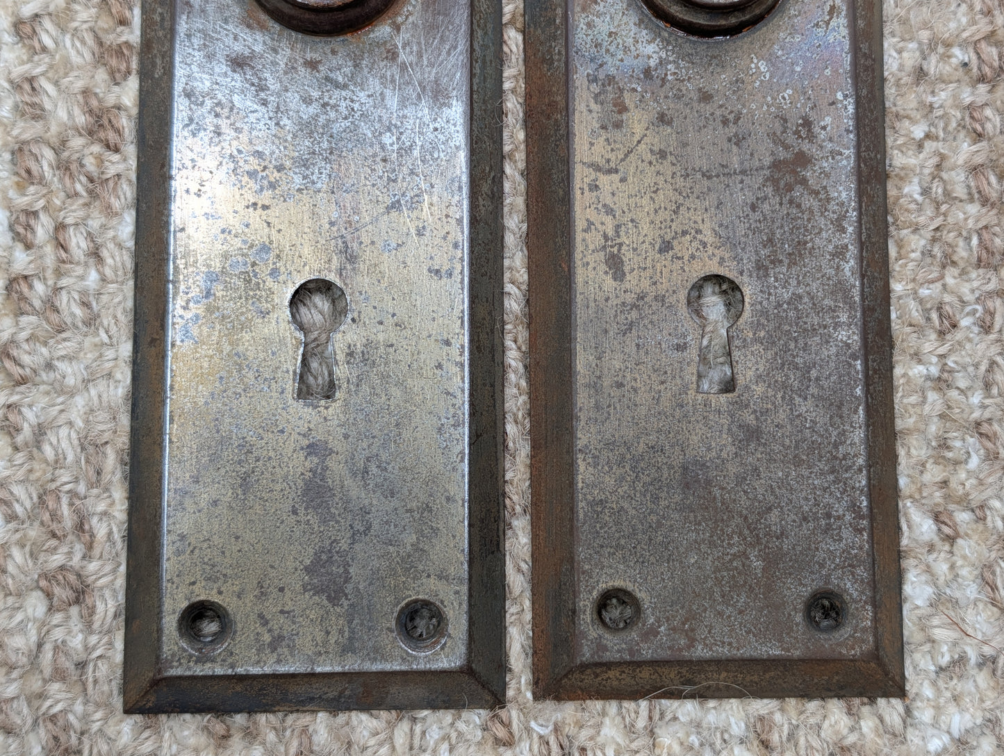 Pair 2 1/4" x 7" Antique Stamped Steel Door Knob Plates