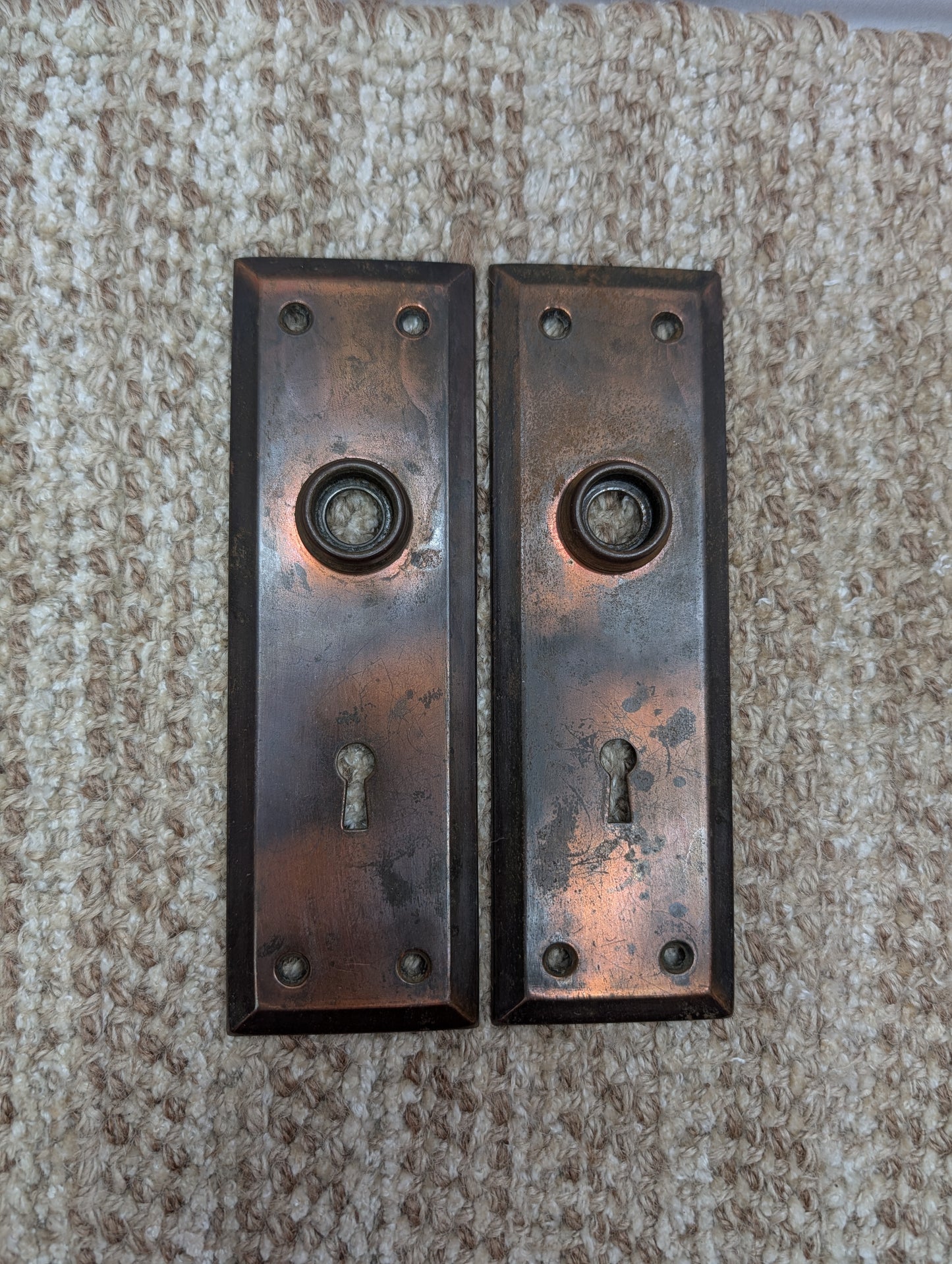 Pair 2 1/4" x 7" Antique Japanned Stamped Steel Door Knob Plates