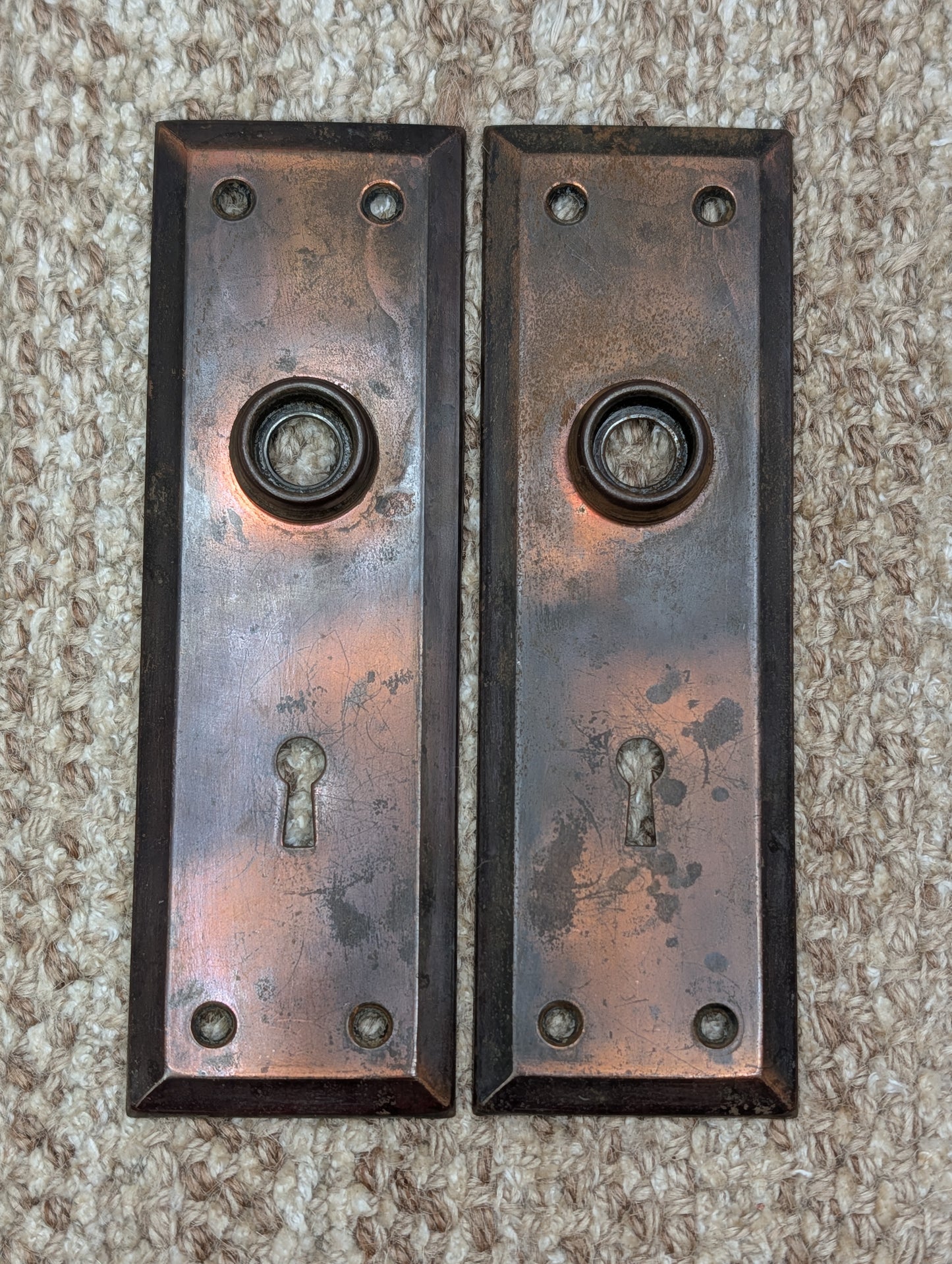 Pair 2 1/4" x 7" Antique Japanned Stamped Steel Door Knob Plates