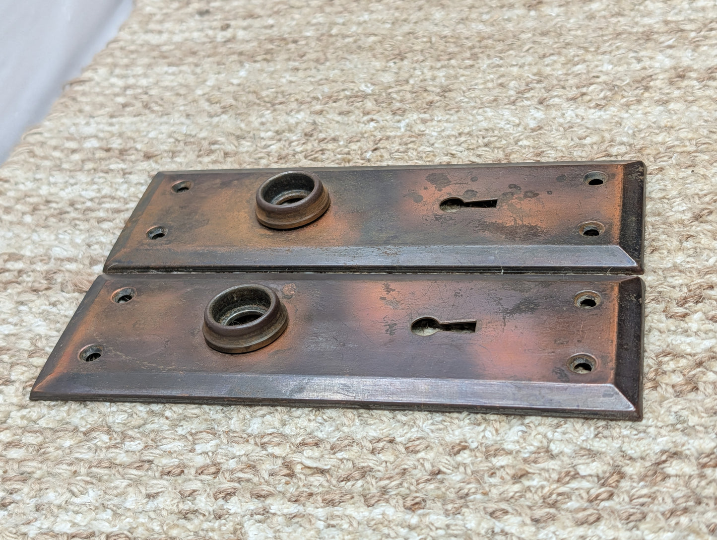 Pair 2 1/4" x 7" Antique Japanned Stamped Steel Door Knob Plates
