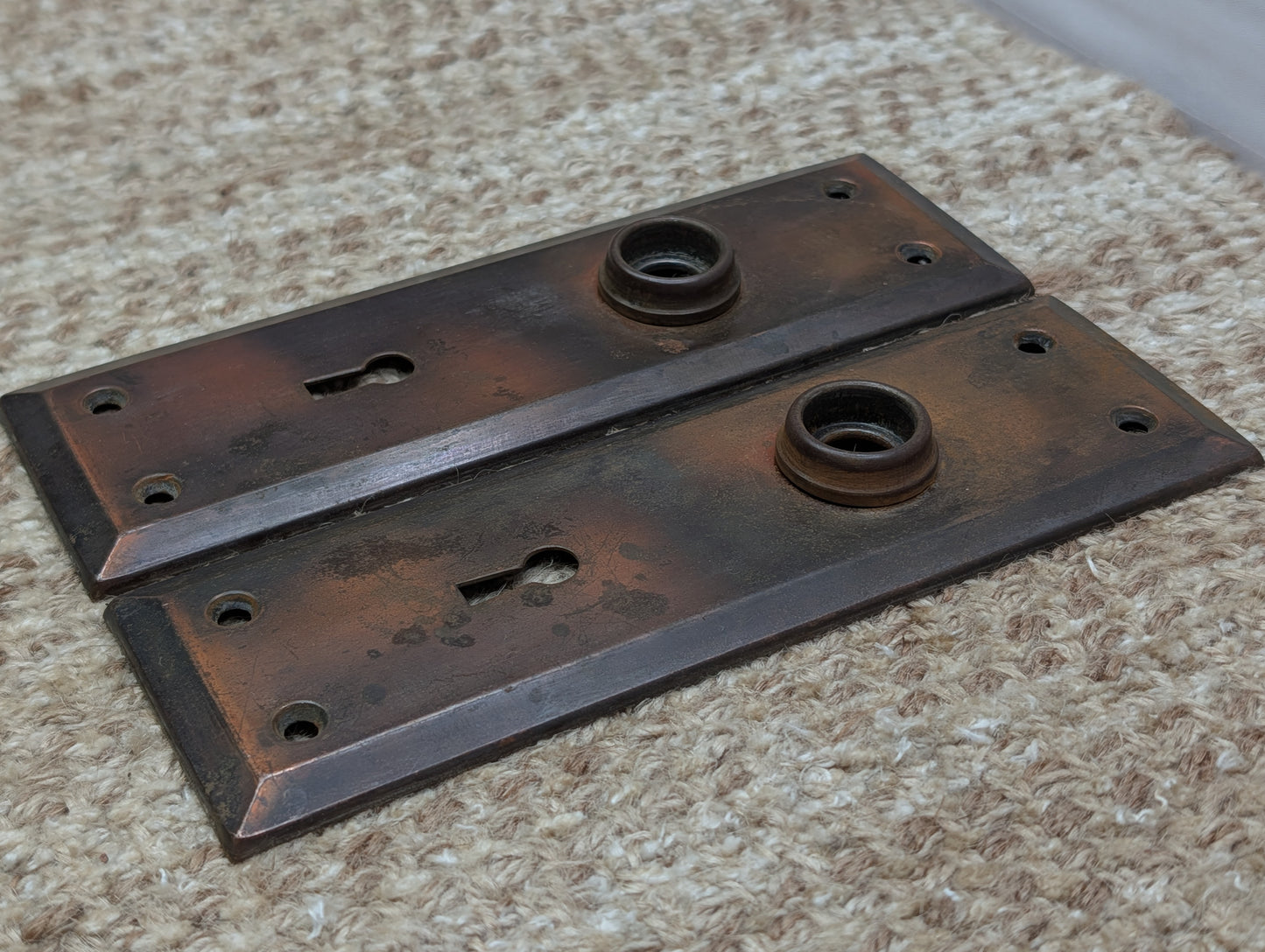 Pair 2 1/4" x 7" Antique Japanned Stamped Steel Door Knob Plates