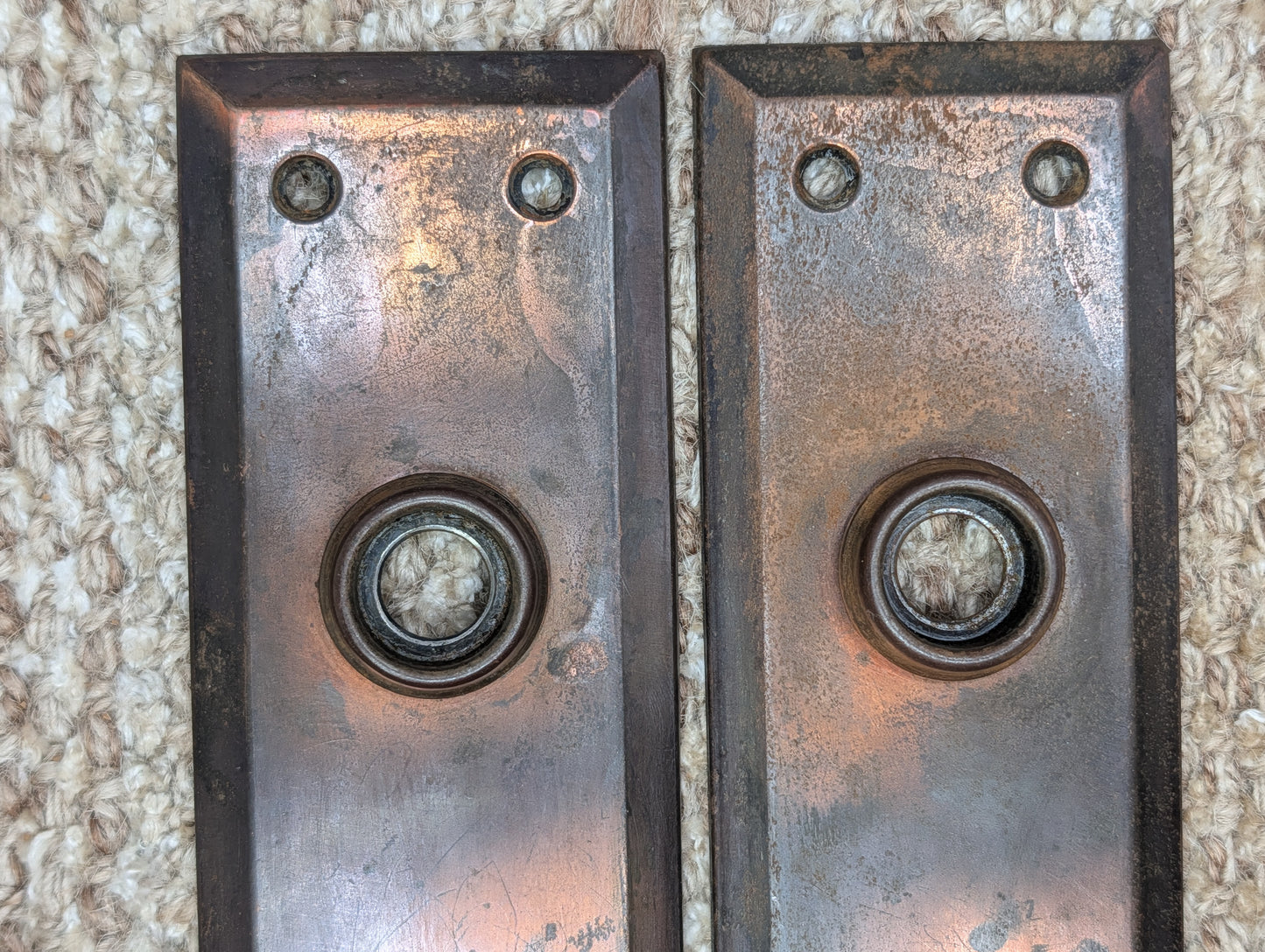 Pair 2 1/4" x 7" Antique Japanned Stamped Steel Door Knob Plates